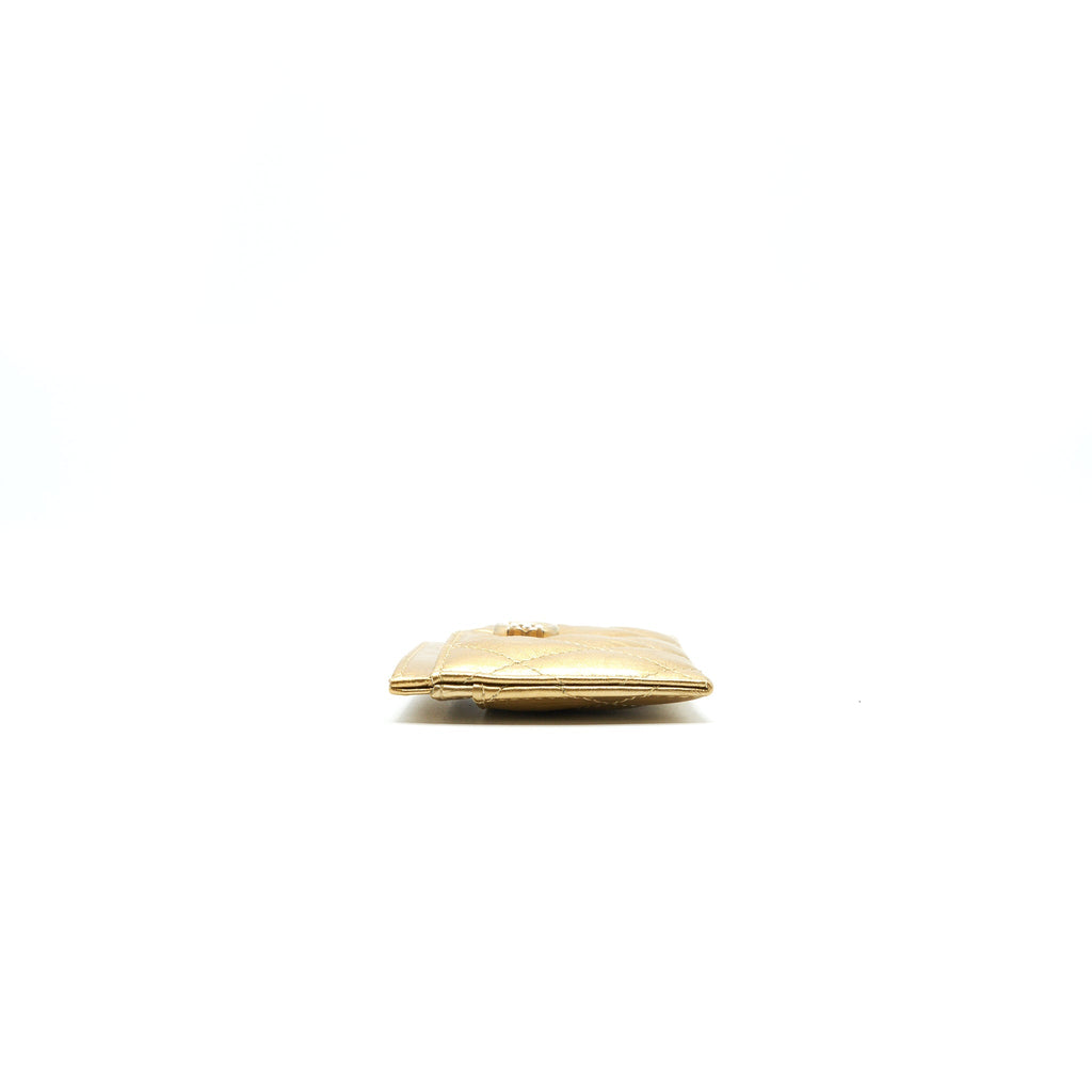 CHANEL QUILTED CARD HOLDER LAMBSKIN GOLD COLOUR WITH GOLD AND PEARL CC LOGO
