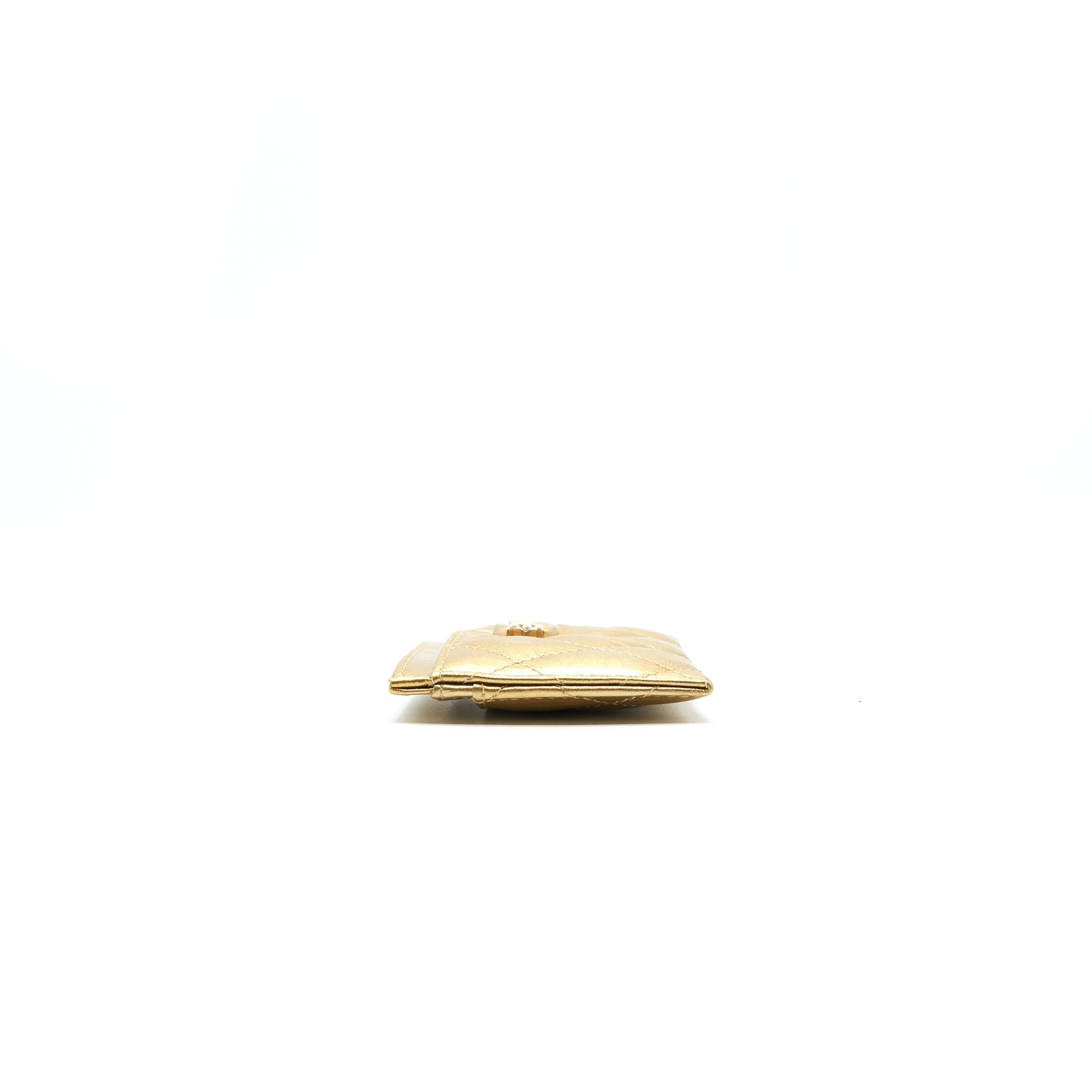 CHANEL QUILTED CARD HOLDER LAMBSKIN GOLD COLOUR WITH GOLD AND PEARL CC LOGO