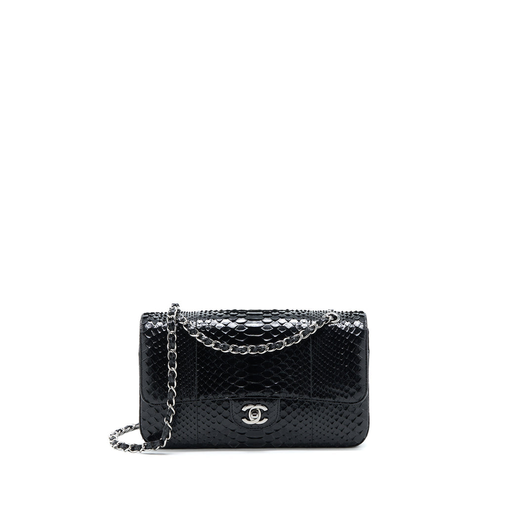 CHANEL MEDIUM CLASSIC DOUBLE FLAP BAG PYTHON BLACK SHW