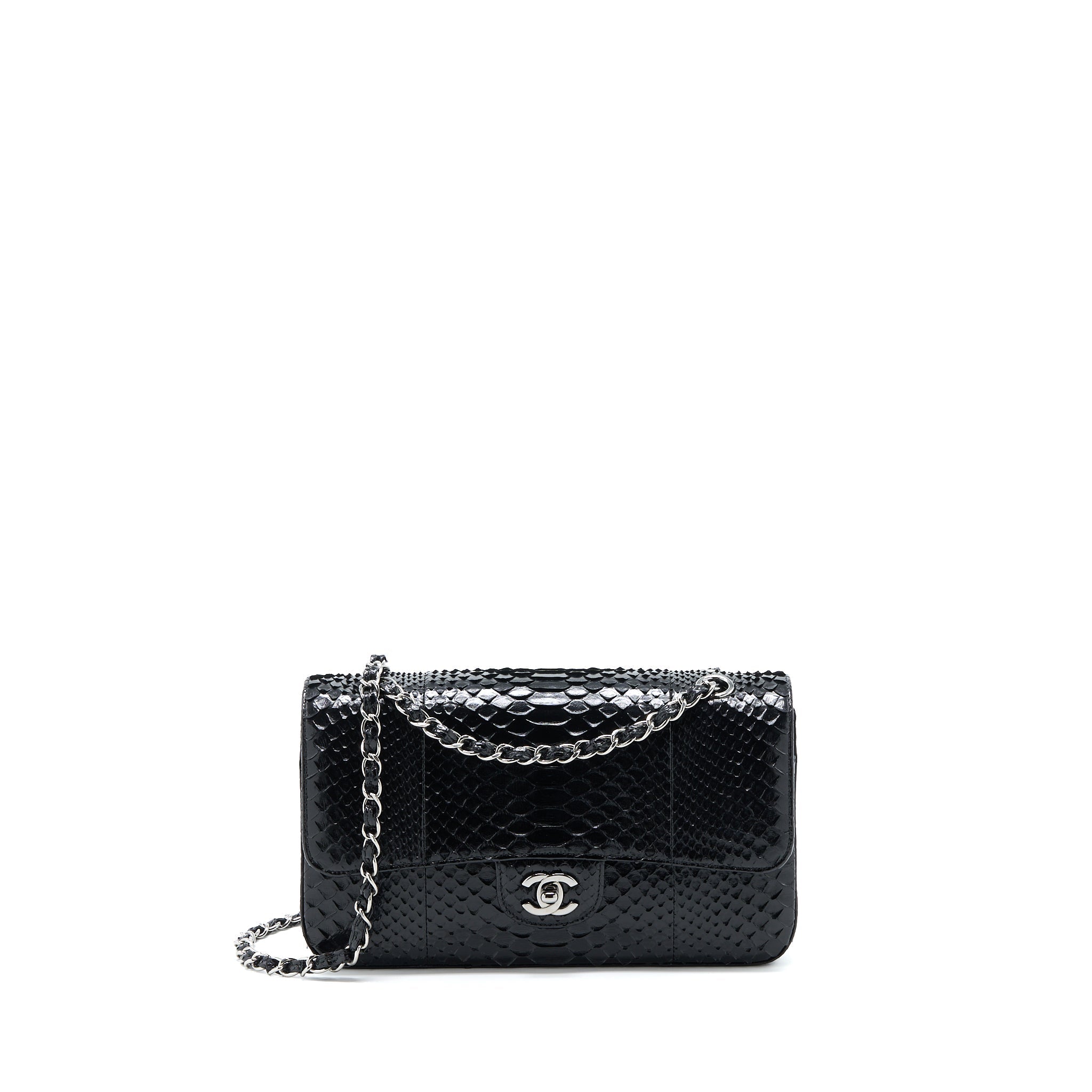CHANEL MEDIUM CLASSIC DOUBLE FLAP BAG PYTHON BLACK SHW