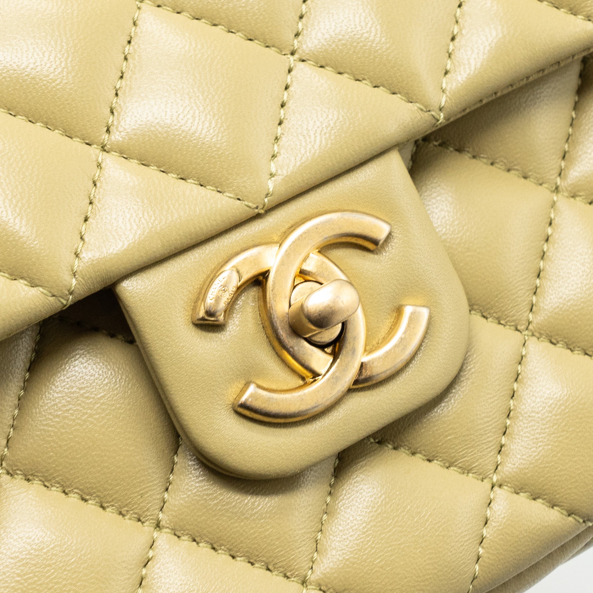 CHANEL QUILTED FLAP BAG WITH COCO LOVE CHAIN LAMBSKIN KHAKI GREEN GHW(MICROCHIP)