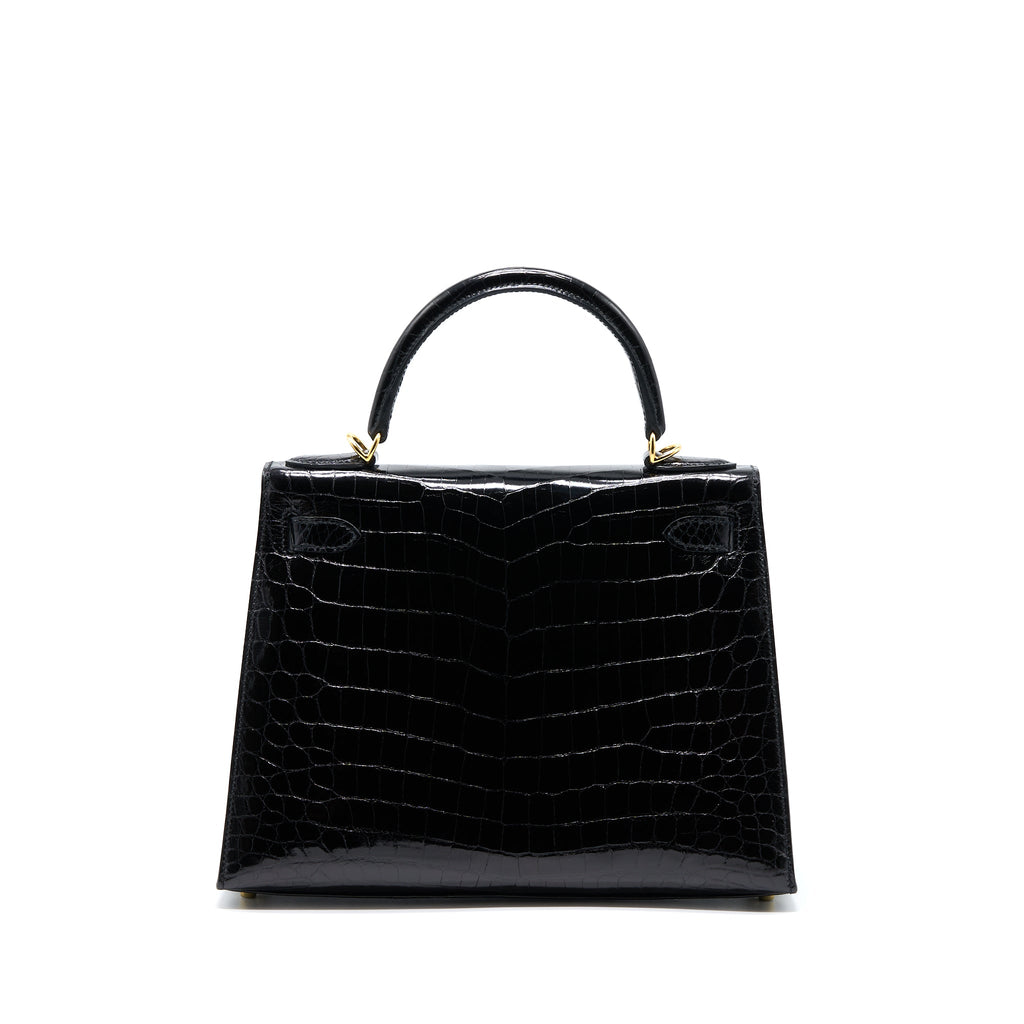 HERMES KELLY 28 SELLIER SHINY NILOTICUS CROCODILE BLACK GHW