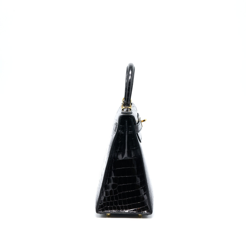 HERMES KELLY 28 SELLIER SHINY NILOTICUS CROCODILE BLACK GHW