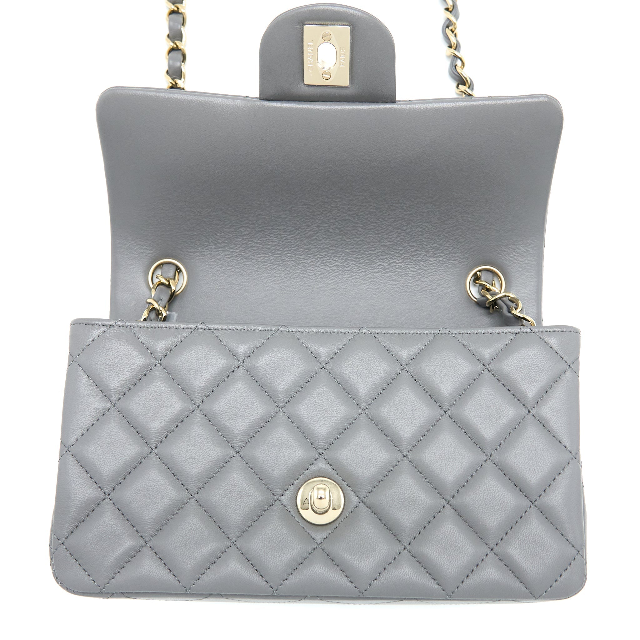 CHANEL 22A MINI RECTANGULAR FLAP BAG LAMBSKIN GREY LGHW (MICROCHIP)