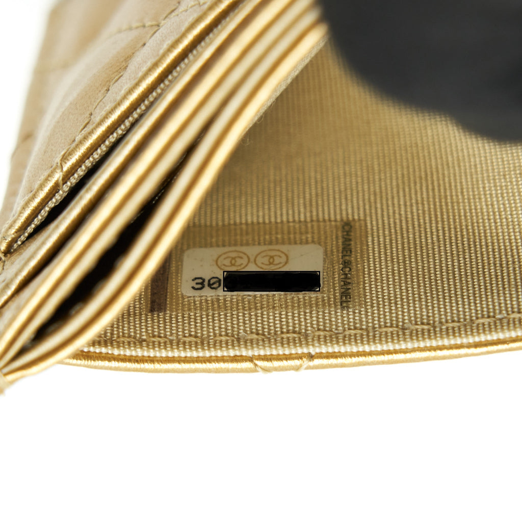 CHANEL QUILTED CARD HOLDER LAMBSKIN GOLD COLOUR WITH GOLD AND PEARL CC LOGO