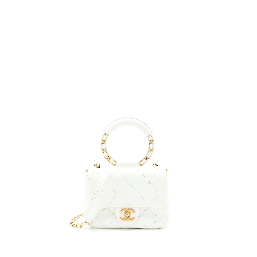 CHANEL CIRCULAR HANDLE QUILTED FLAP BAG LAMBSKIN WHITE BRUSHED GHW