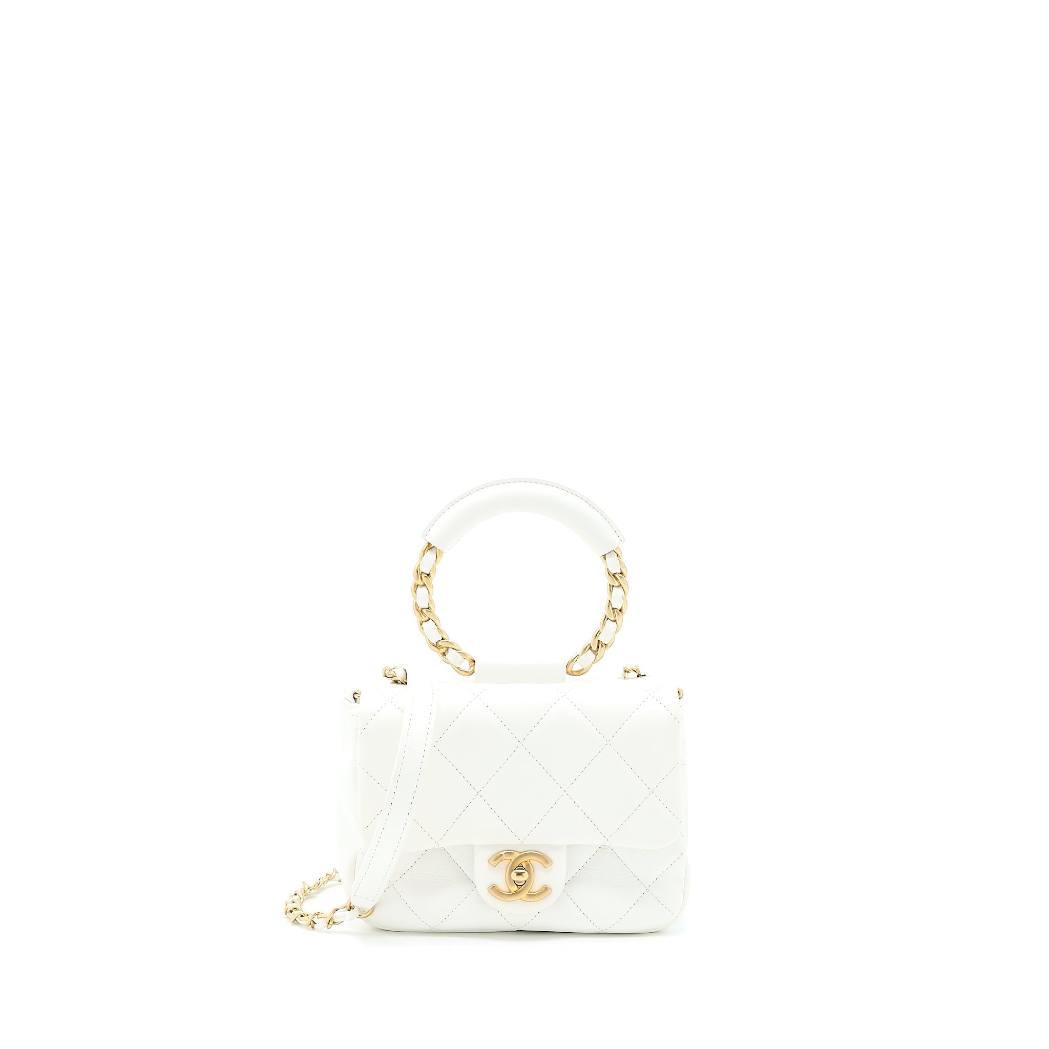 CHANEL CIRCULAR HANDLE QUILTED FLAP BAG LAMBSKIN WHITE BRUSHED GHW