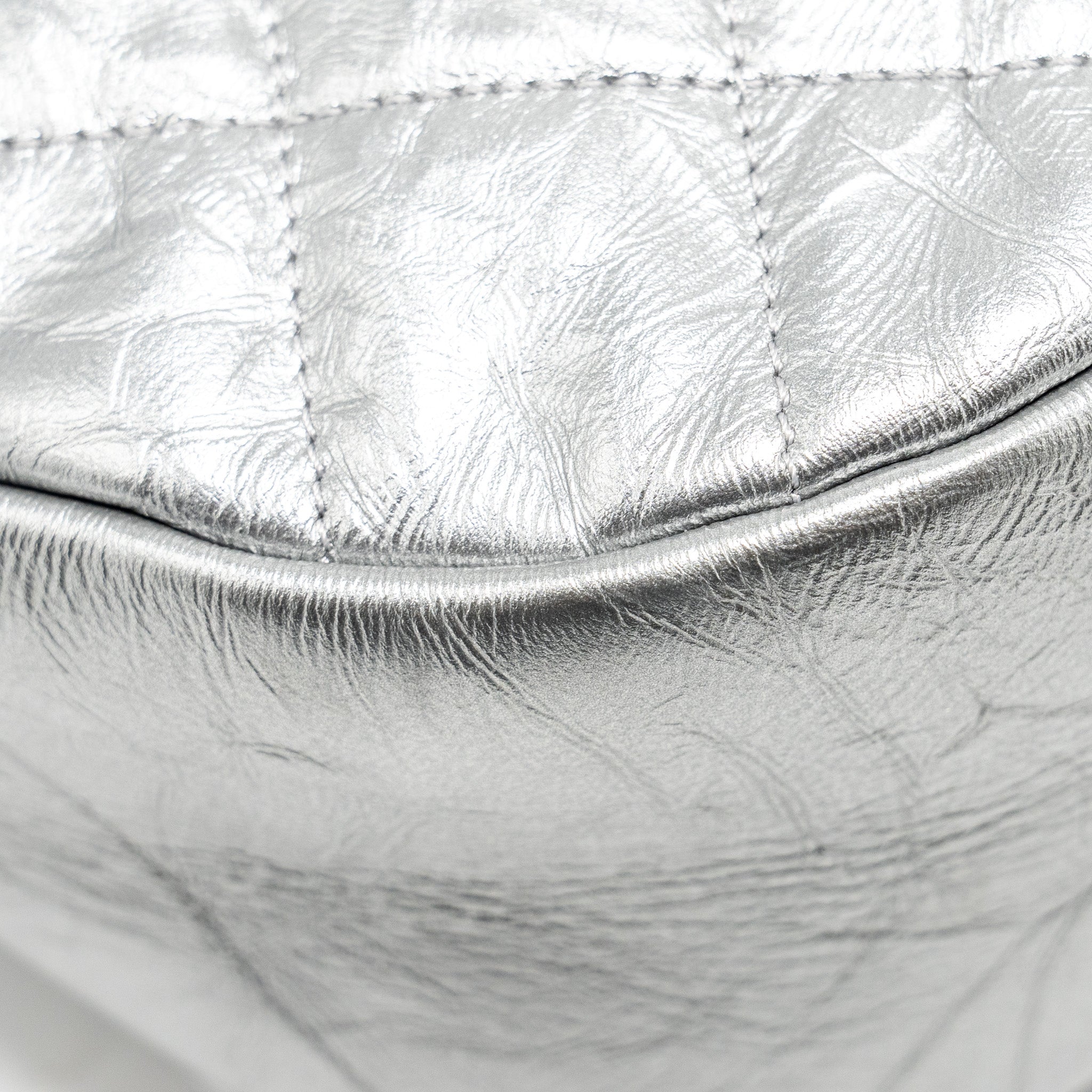 CHANEL 31 BAG QUILTED CRUMPLED CALFSKIN METALLIC SILVER SHW