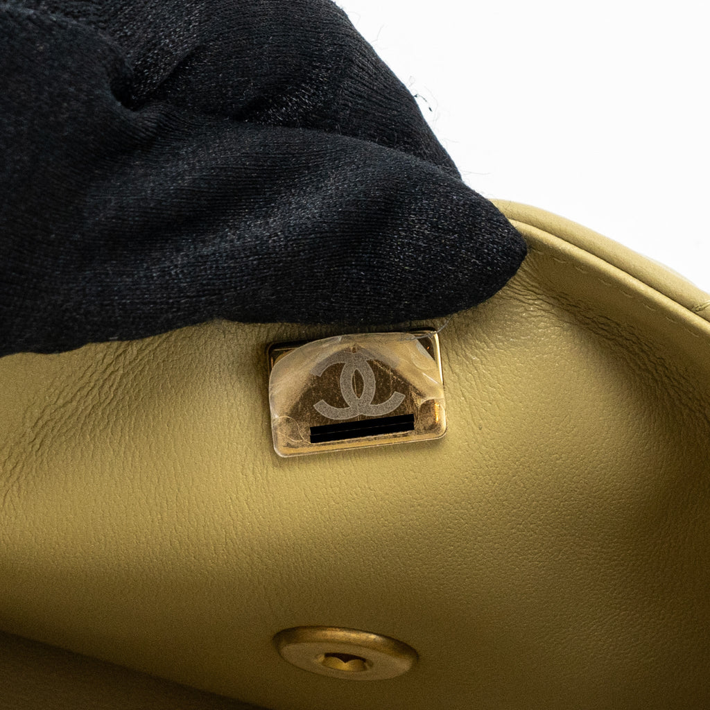CHANEL QUILTED FLAP BAG WITH COCO LOVE CHAIN LAMBSKIN KHAKI GREEN GHW(MICROCHIP)