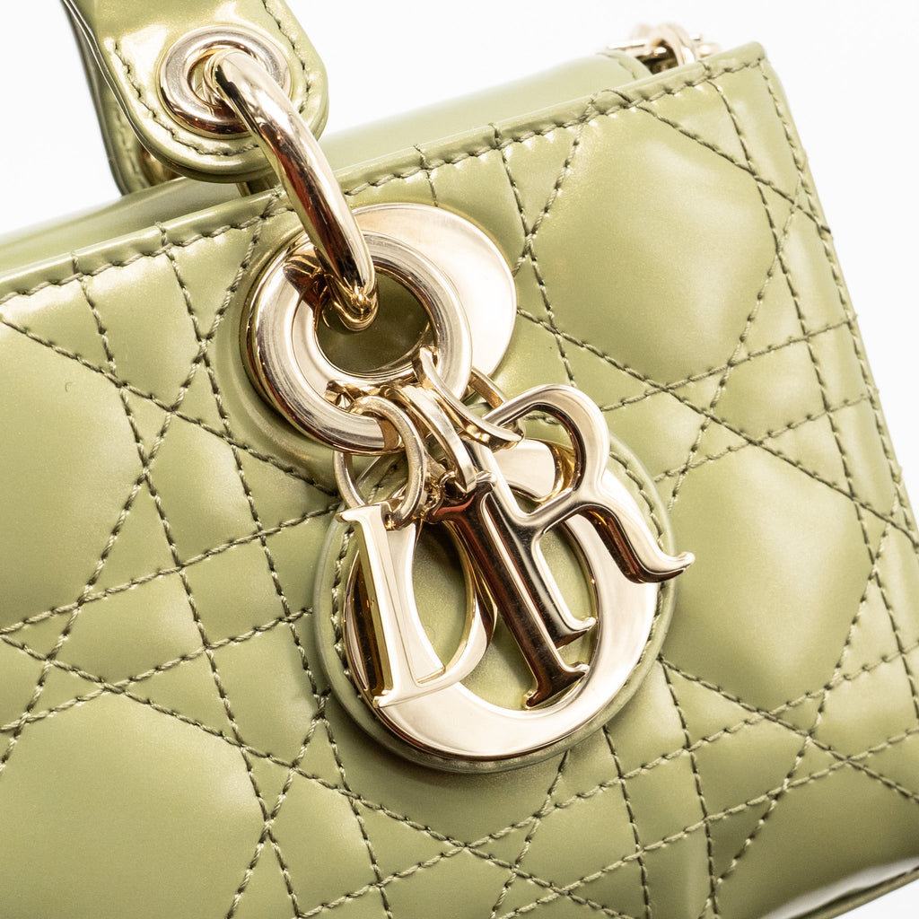 DIOR SMALL LADY D-JOY BAG CANNAGE PATENT LEATHER IRIDESCENT GREEN LGHW