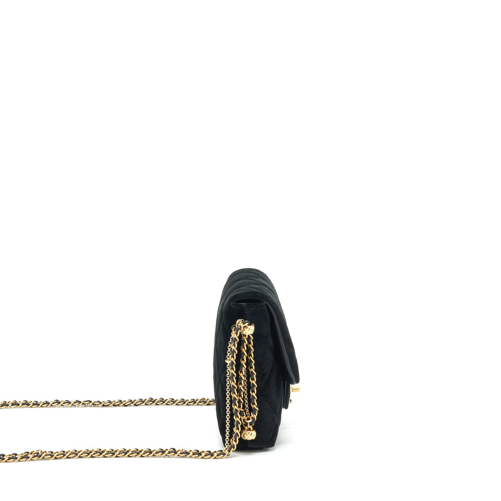 CHANEL FLAP BAG LEATHER CHAIN/PEARL BUCKLE VELVET BLACK GHW