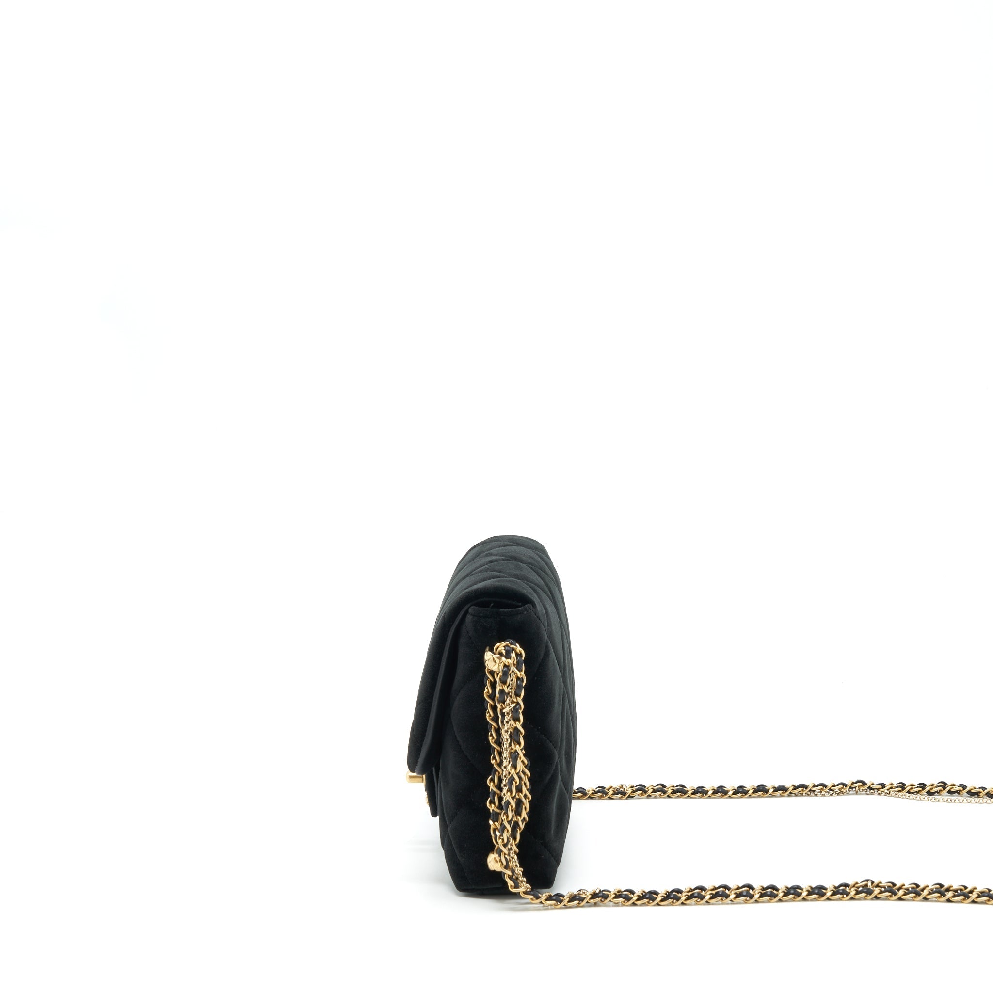 CHANEL FLAP BAG LEATHER CHAIN/PEARL BUCKLE VELVET BLACK GHW