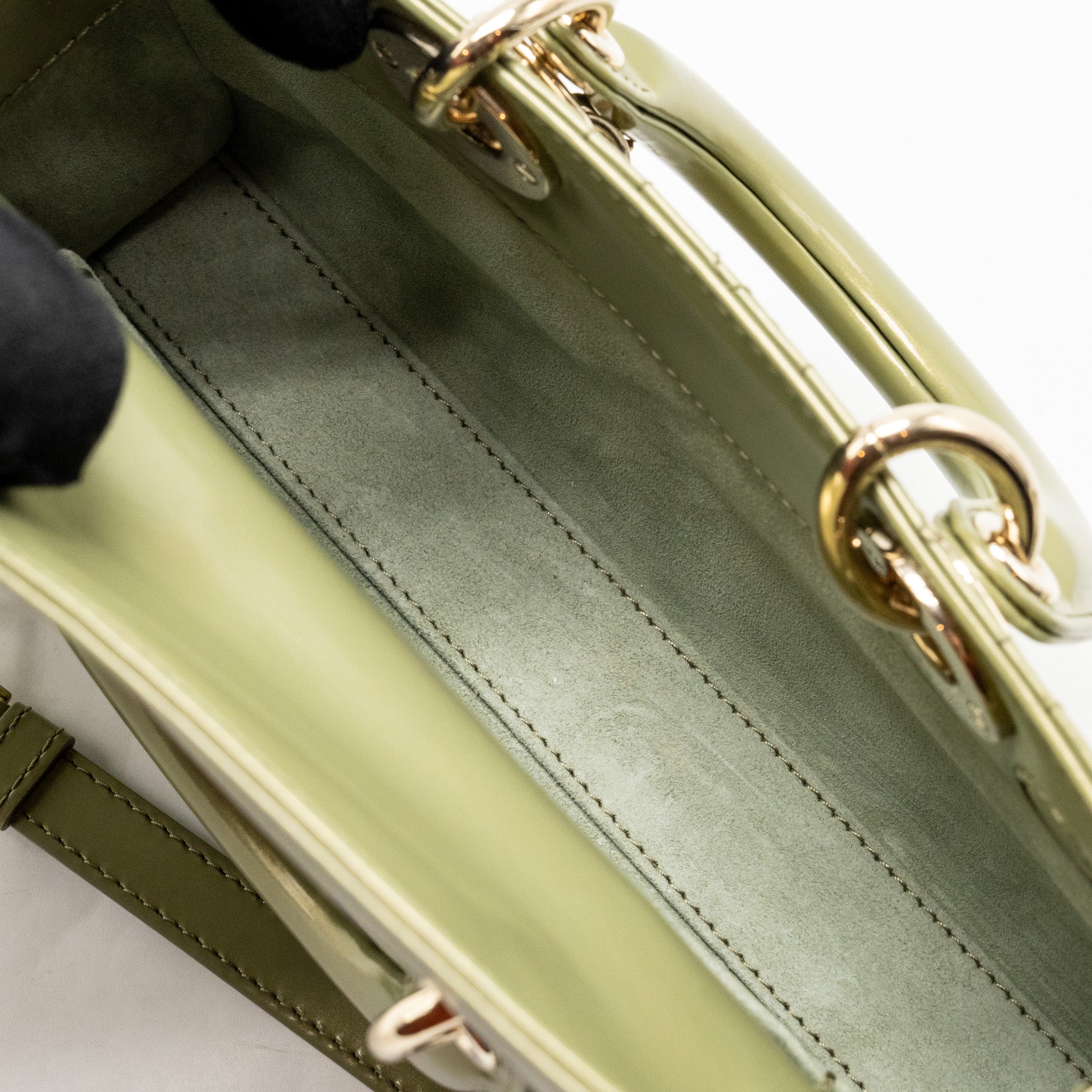 DIOR SMALL LADY D-JOY BAG CANNAGE PATENT LEATHER IRIDESCENT GREEN LGHW