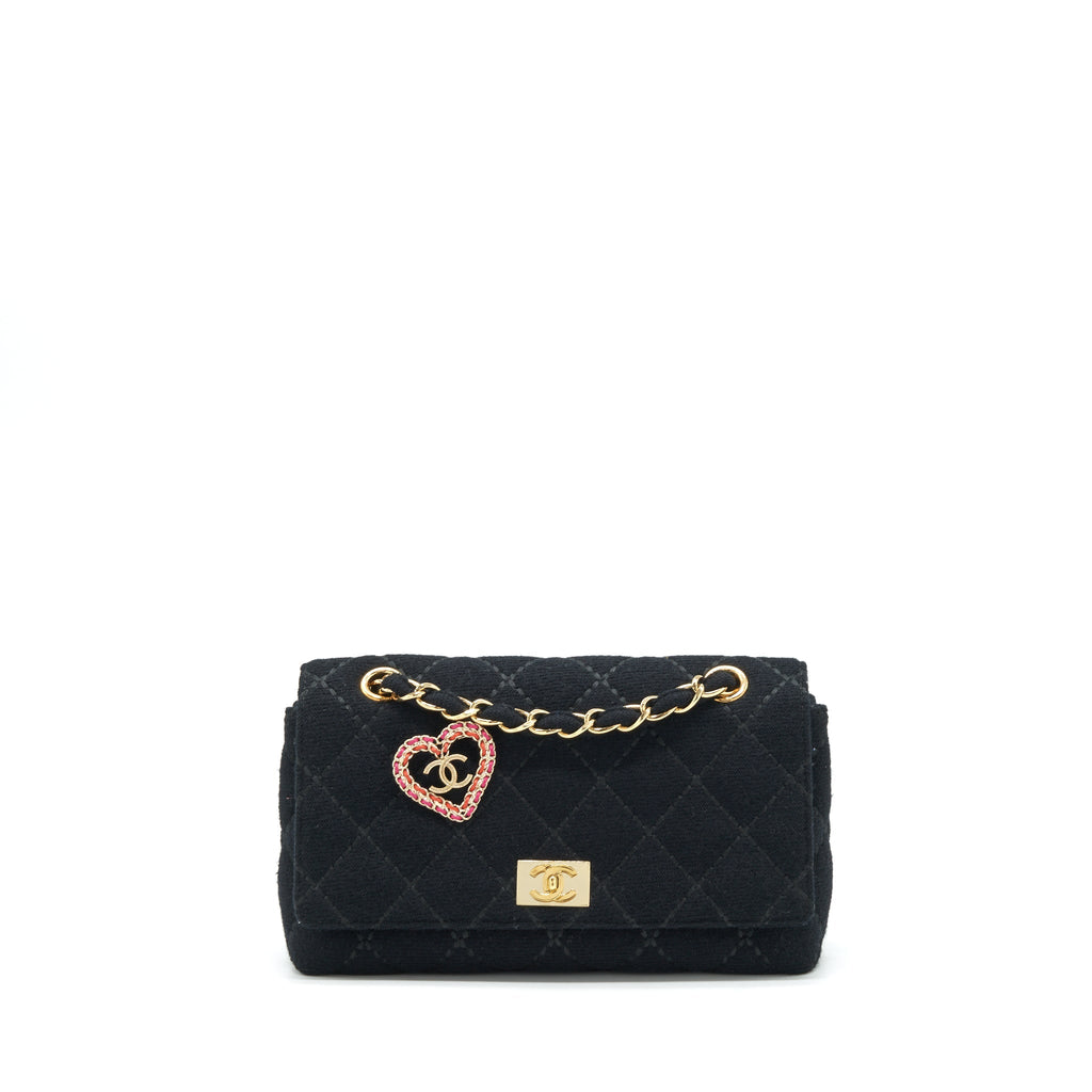 CHANEL VINTAGE SHOULDER BAG FABRIC BLACK GHW WITH AN EXTRA BAG CHARM