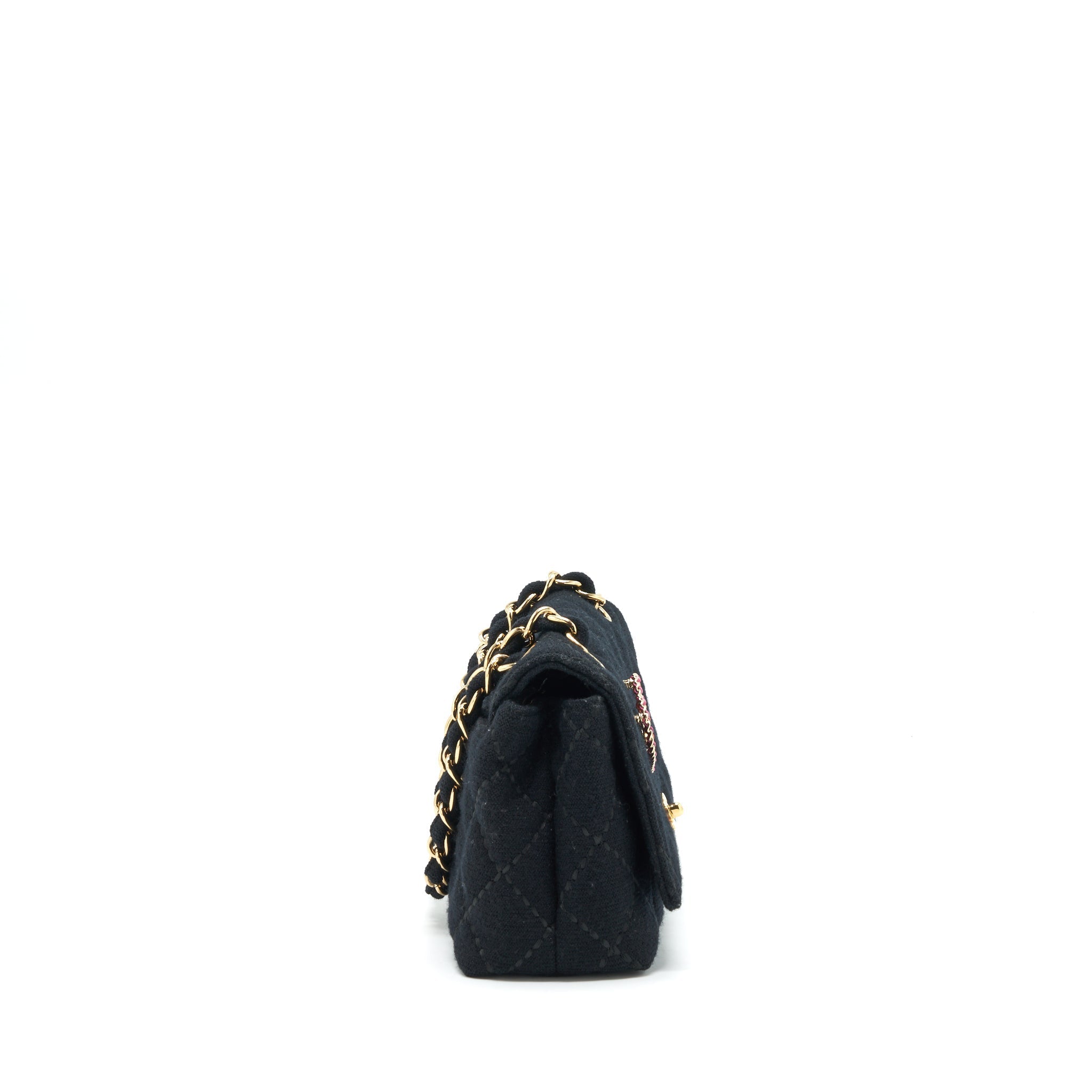 CHANEL VINTAGE SHOULDER BAG FABRIC BLACK GHW WITH AN EXTRA BAG CHARM