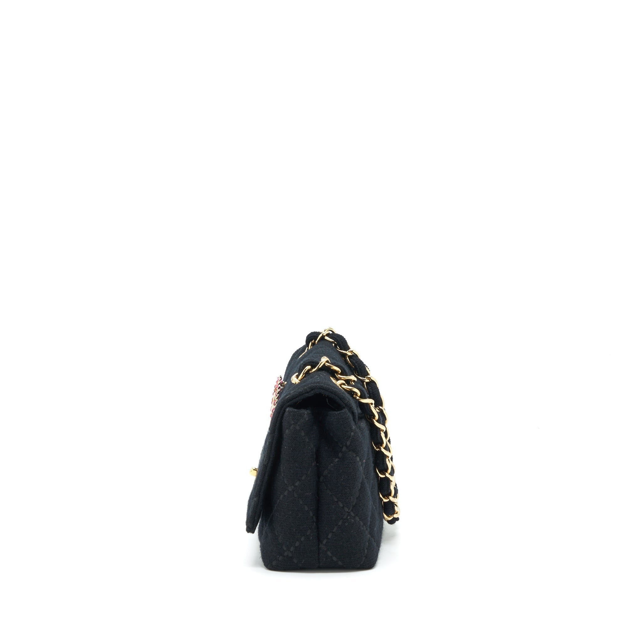 CHANEL VINTAGE SHOULDER BAG FABRIC BLACK GHW WITH AN EXTRA BAG CHARM