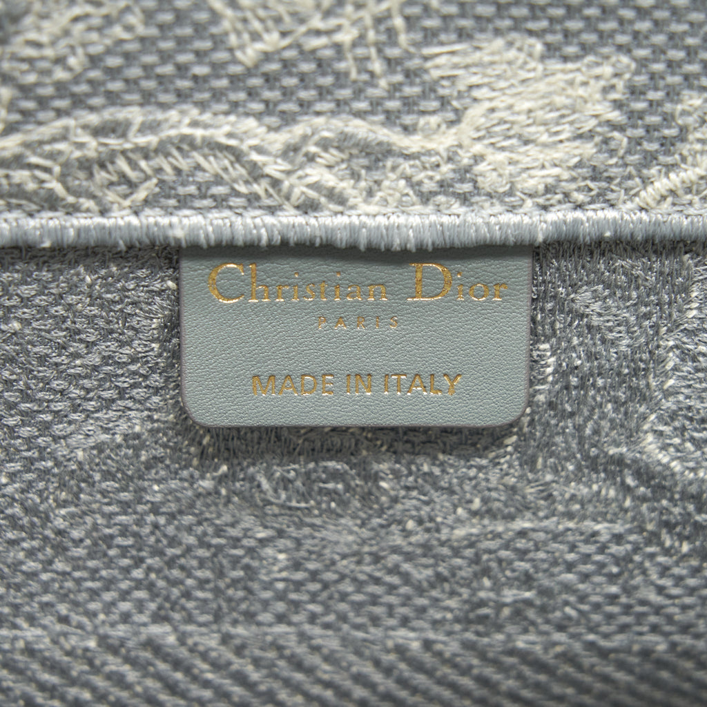 DIOR MEDIUM (OLD SMALL) BOOK TOTE GREY TOILE DE JOUY REVERSE EMBROIDERY WITH AN EXTRA TWILLY