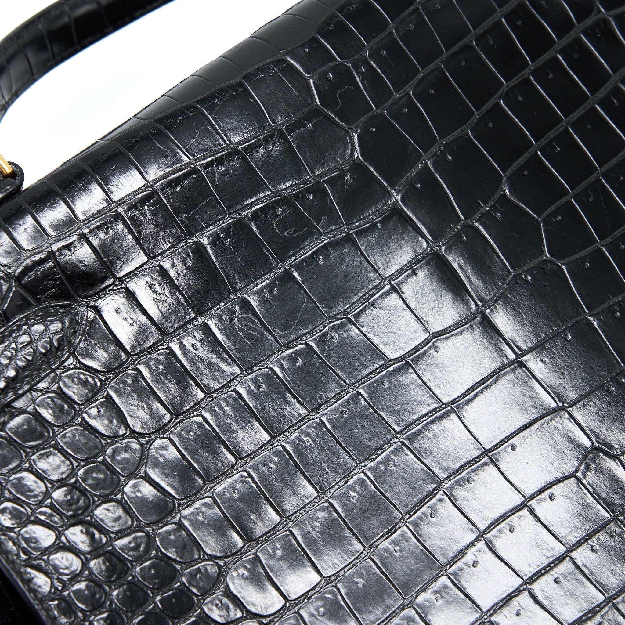 HERMES VINTAGE KELLY 32 SHINY CROCODILE POROSUS BLACK GHW