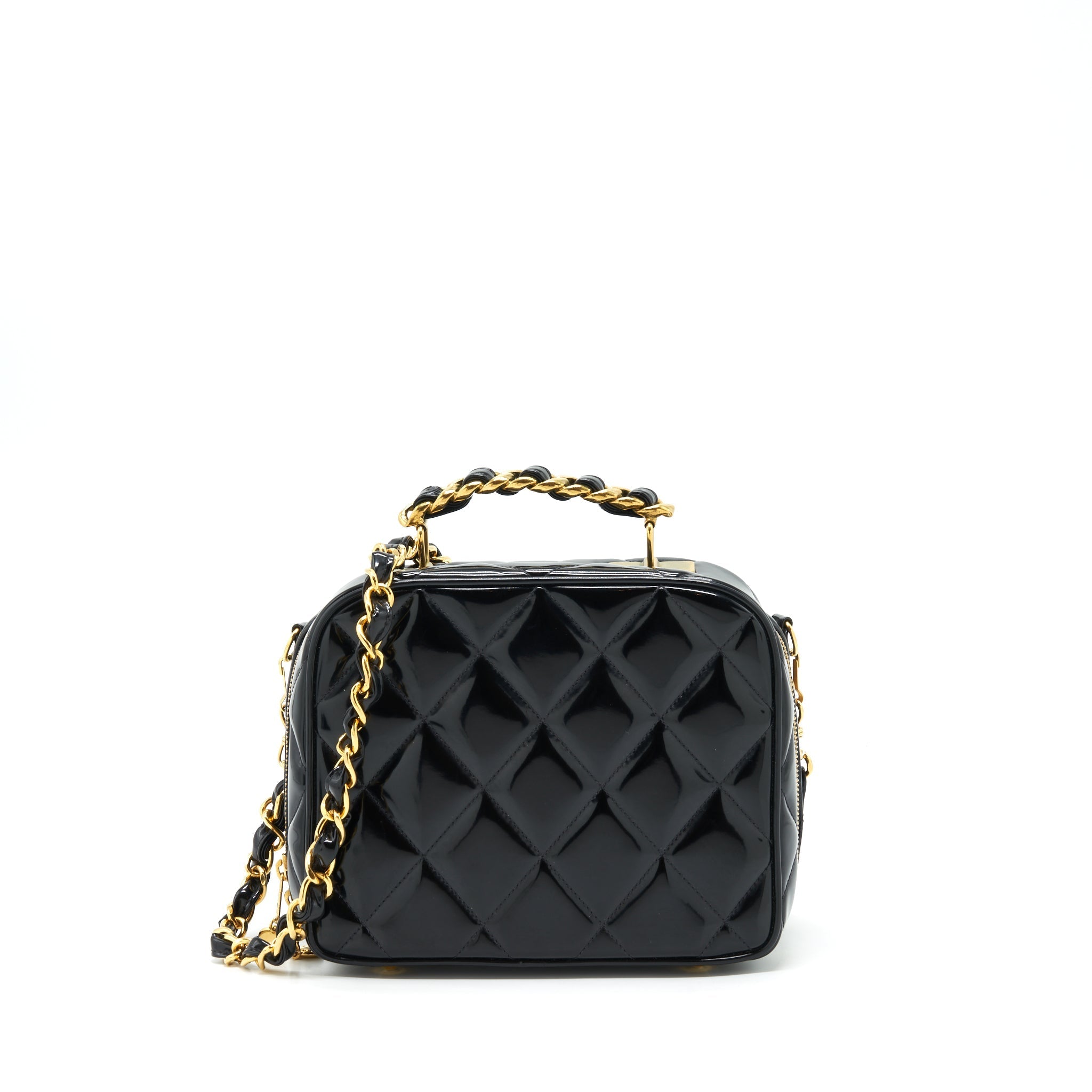 CHANEL VINTAGE TOP HANDLE VANITY CASE PATENT BLACK GHW