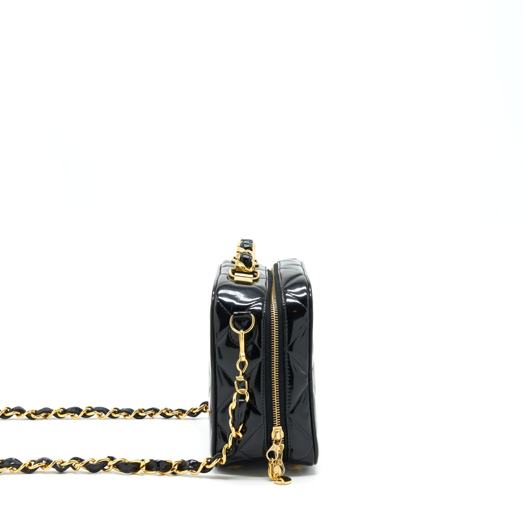 CHANEL VINTAGE TOP HANDLE VANITY CASE PATENT BLACK GHW