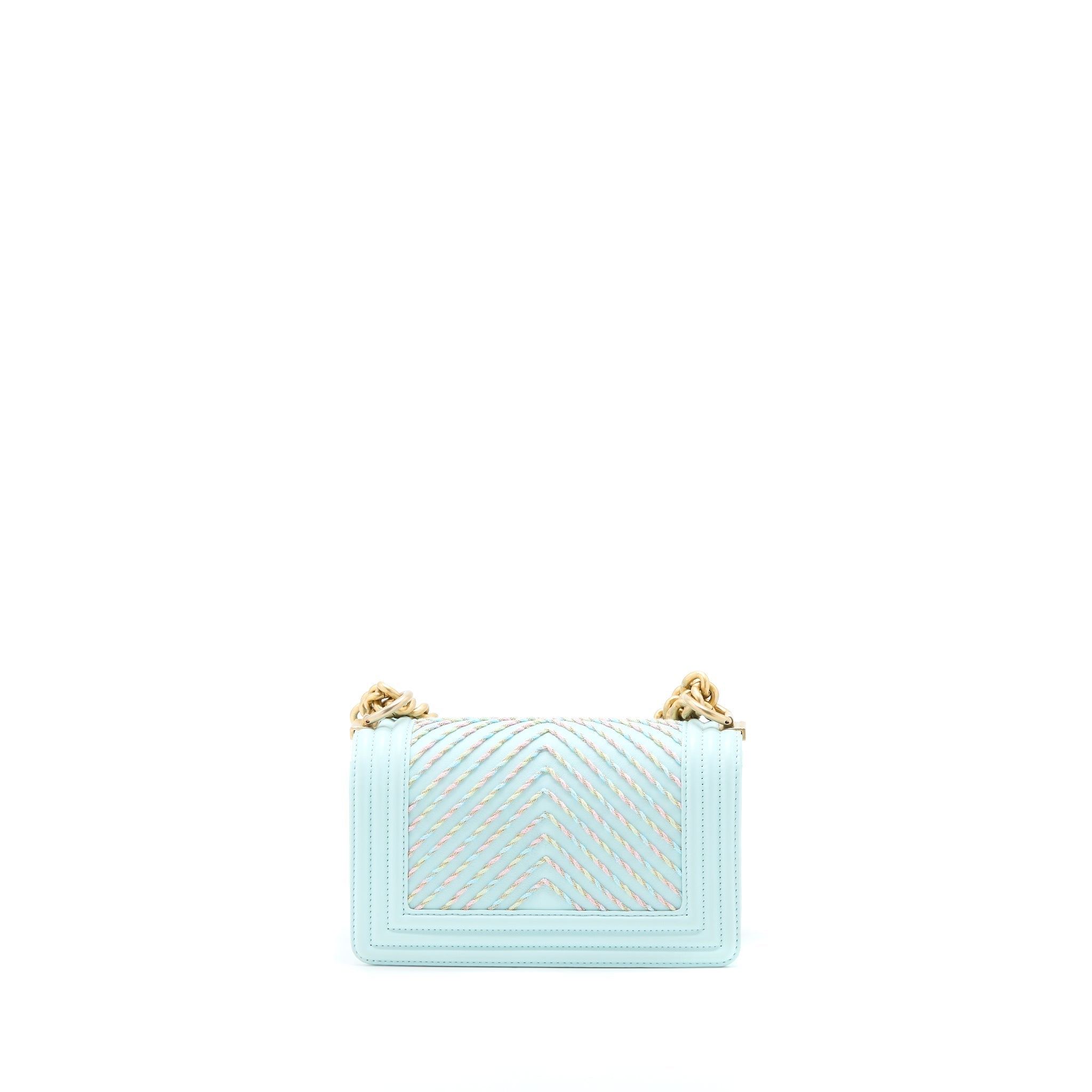 CHANEL SMALL BOY BAG CHEVRON CALFSKIN LIGHT BLUE/MULTICOLOUR BRUSHED GHW