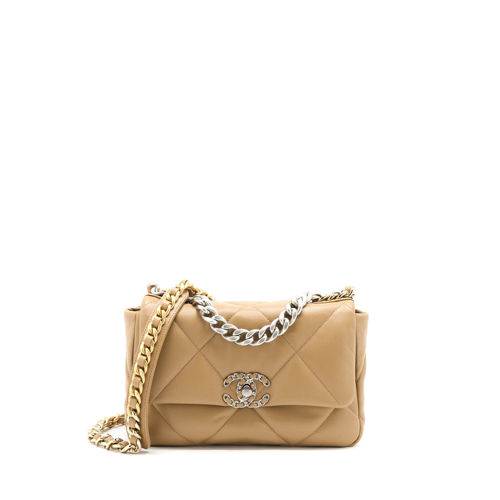 CHANEL 22B SMALL 19 BAG LAMBSKIN BEIGE MULTICOLOR HARDWARE (MICROCHIP)