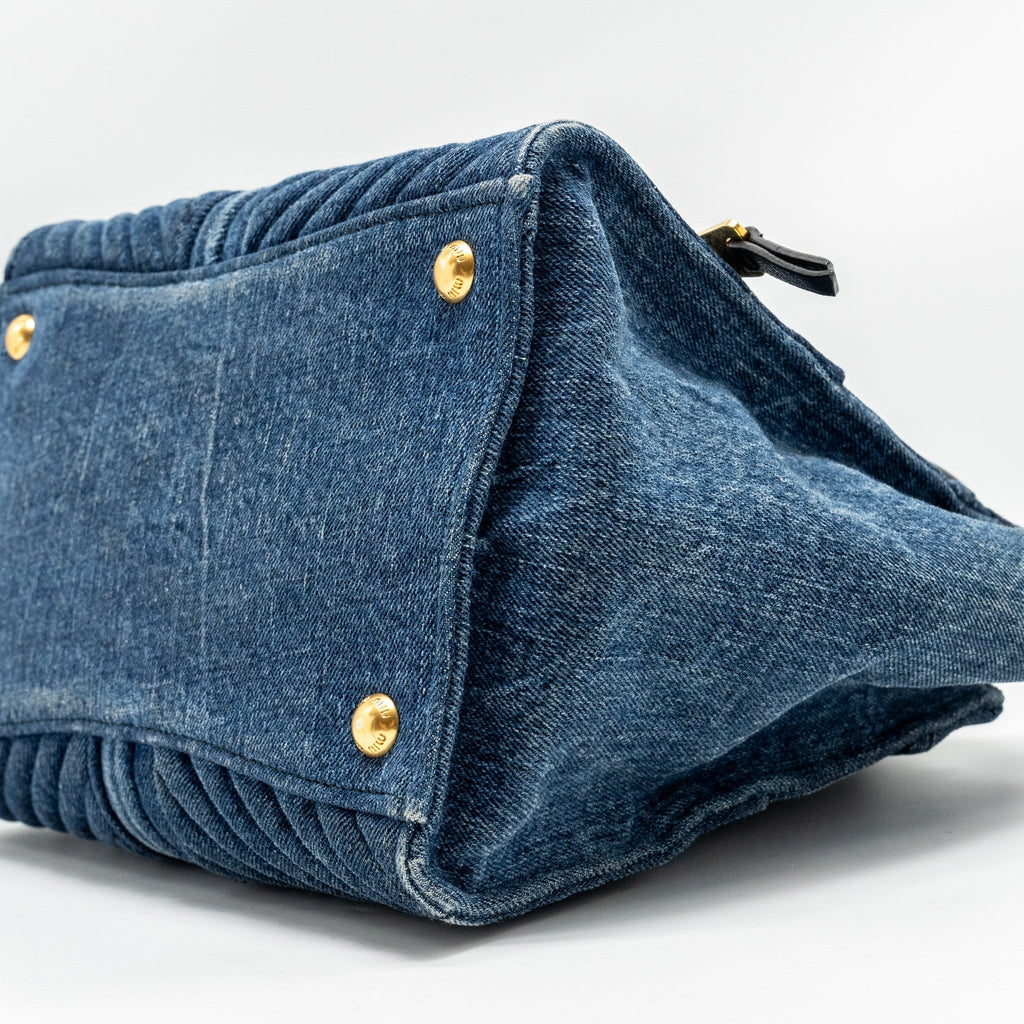 MIU MIU SMALL BIKER TOP HANDLE SATCHEL DENIM NAVY BLUE GHW