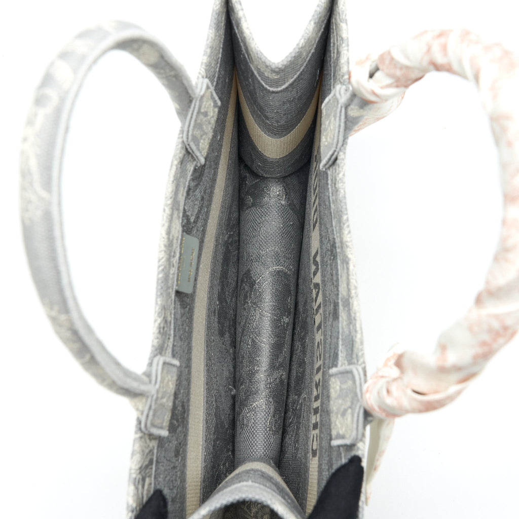 DIOR MEDIUM (OLD SMALL) BOOK TOTE GREY TOILE DE JOUY REVERSE EMBROIDERY WITH AN EXTRA TWILLY