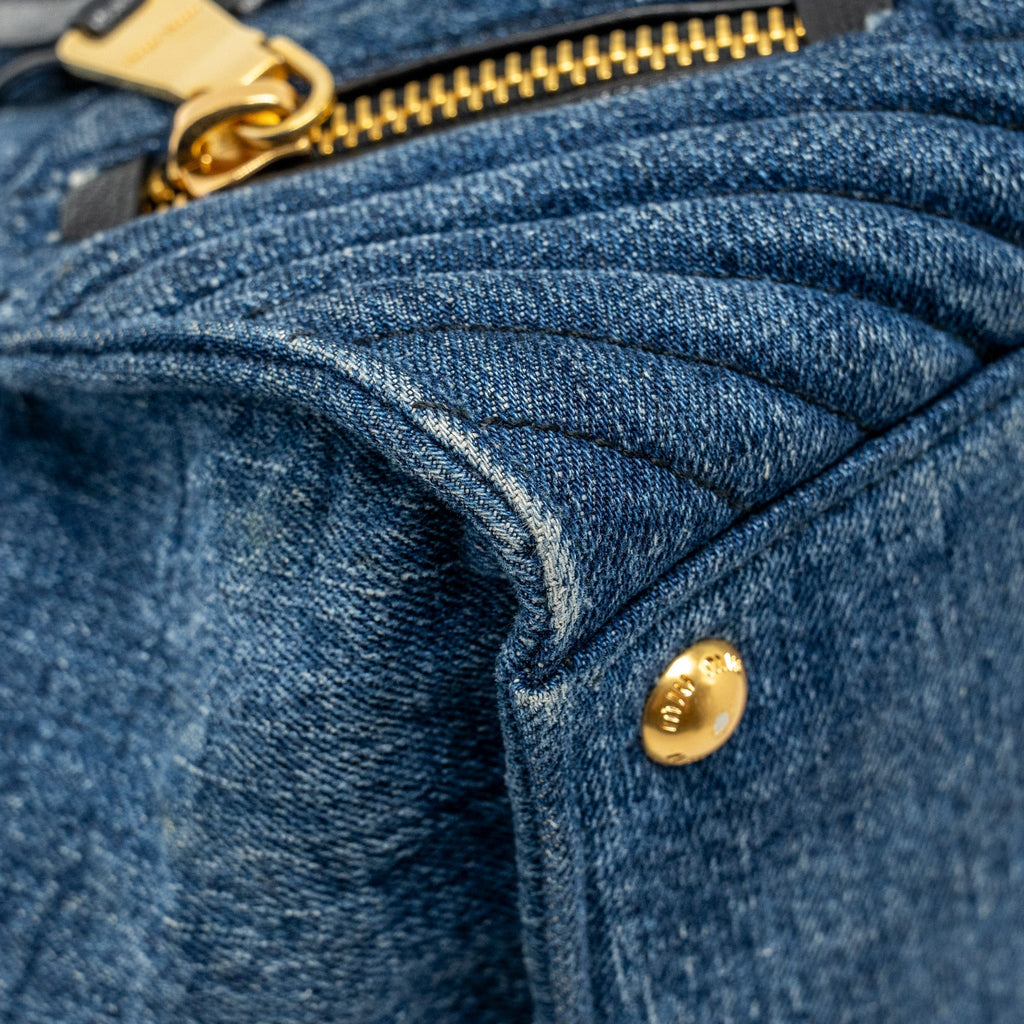 MIU MIU SMALL BIKER TOP HANDLE SATCHEL DENIM NAVY BLUE GHW