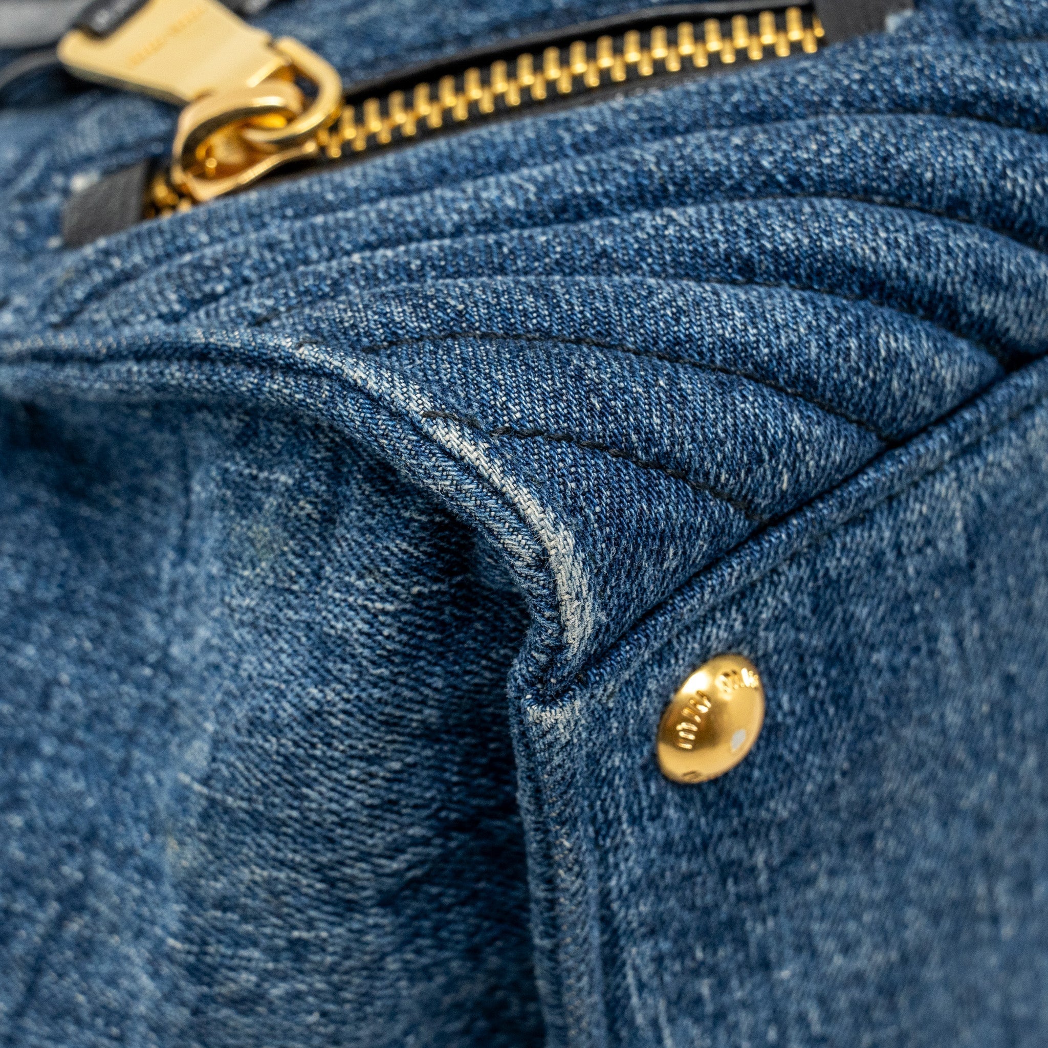 MIU MIU SMALL BIKER TOP HANDLE SATCHEL DENIM NAVY BLUE GHW