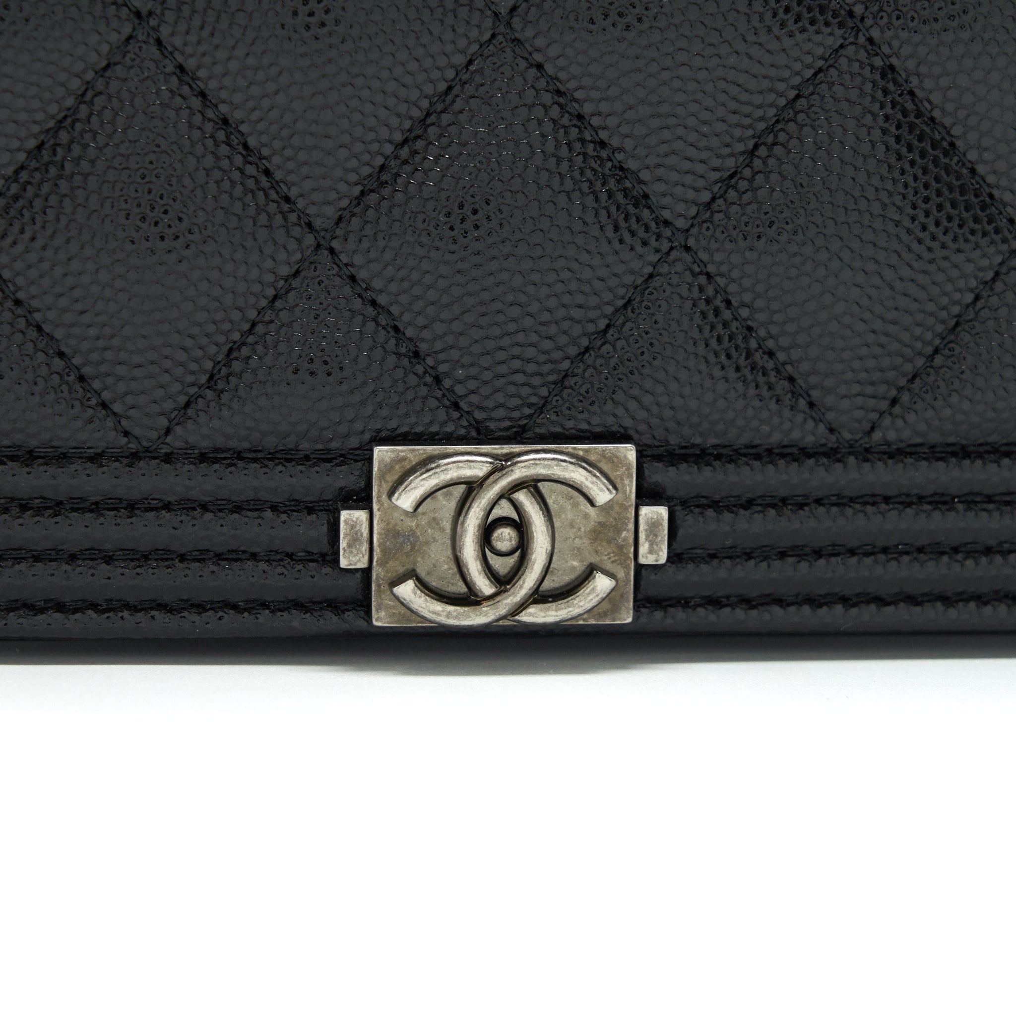 CHANEL BOY WALLET ON CHAIN CAVIAR BLACK RUTHENIUM HARDWARE (MICROCHIP)