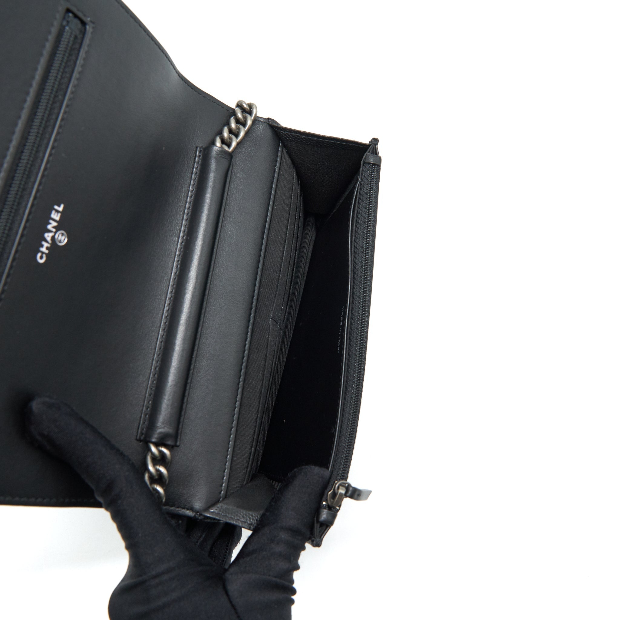 CHANEL BOY WALLET ON CHAIN CAVIAR BLACK RUTHENIUM HARDWARE (MICROCHIP)