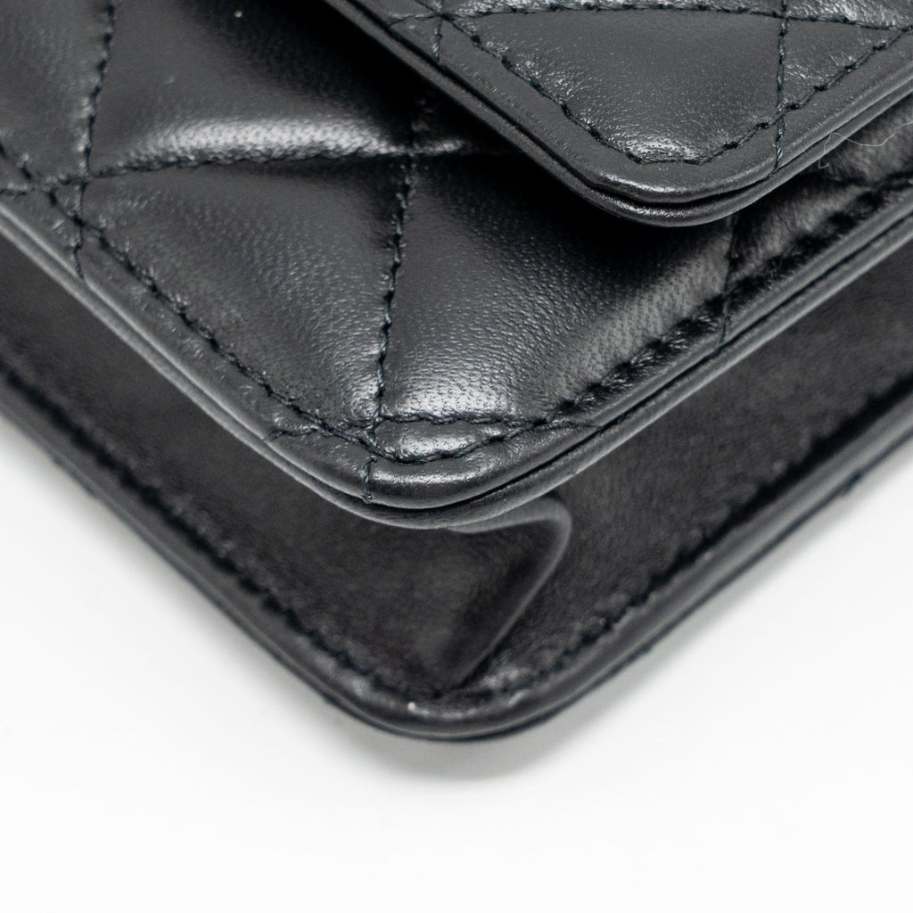 CHANEL PEARL CRUSH WALLET ON CHAIN LAMBSKIN BLACK GHW (MICROCHIP)
