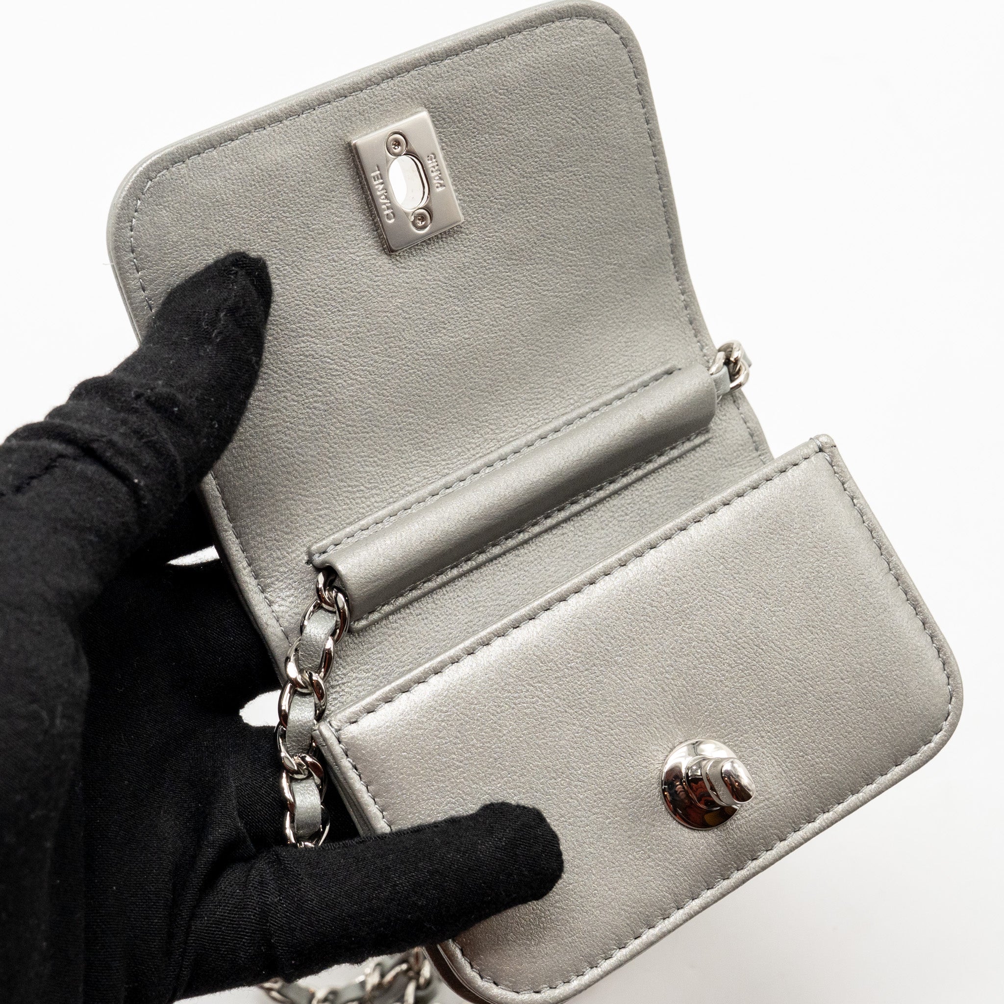 CHANEL 22A MINI STUDDED CHAIN BELT BAG WITH CRYSTAL METALLIC LAMBSKIN SILVER SHW (MICROCHIP)