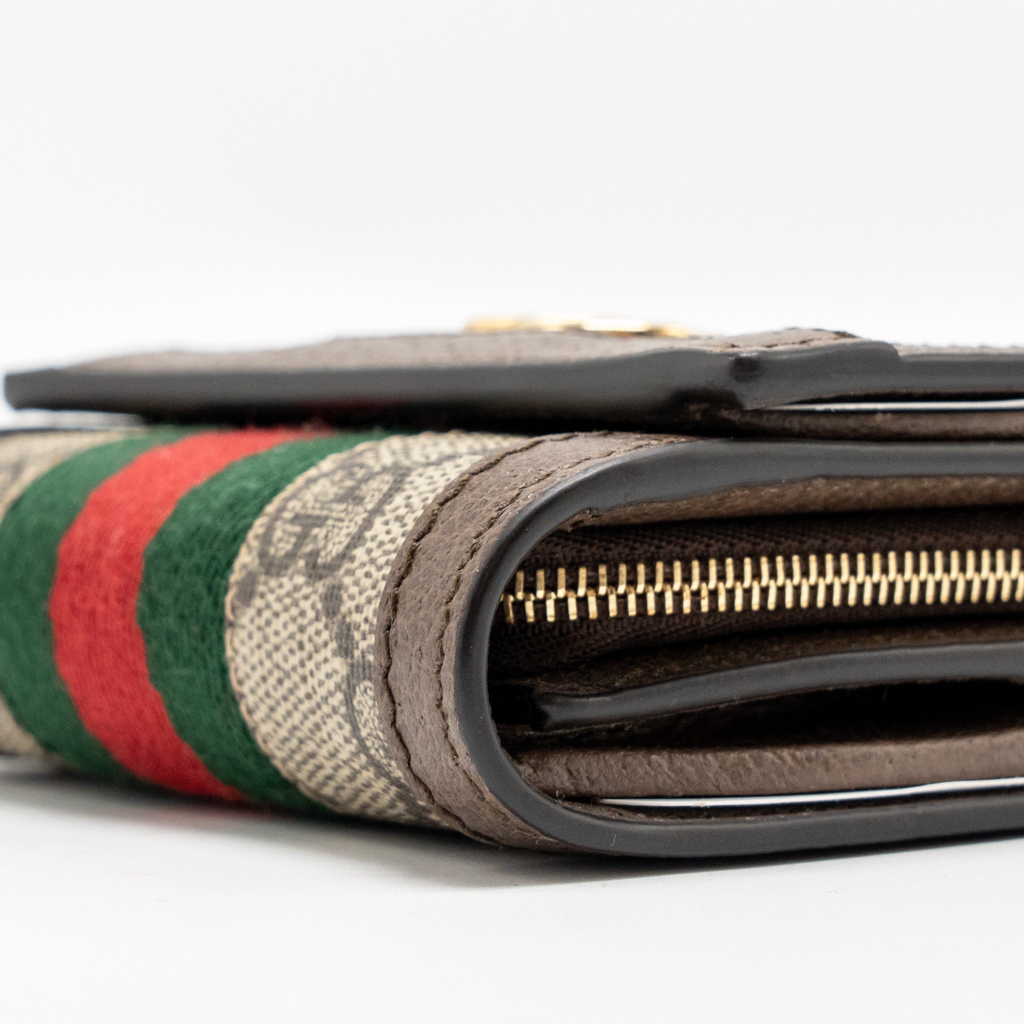 GUCCI OPHIDIA GG COMPACT WALLET CANVAS / CALFSKIN BROWN GHW