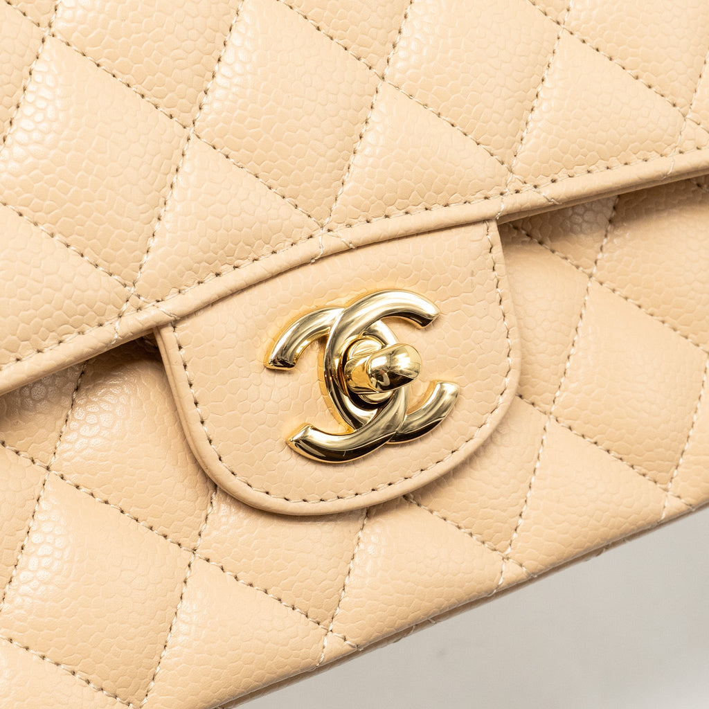 CHANEL MEDIUM CLASSIC DOUBLE FLAP BAG CAVIAR BEIGE LGHW (MICROCHIP)