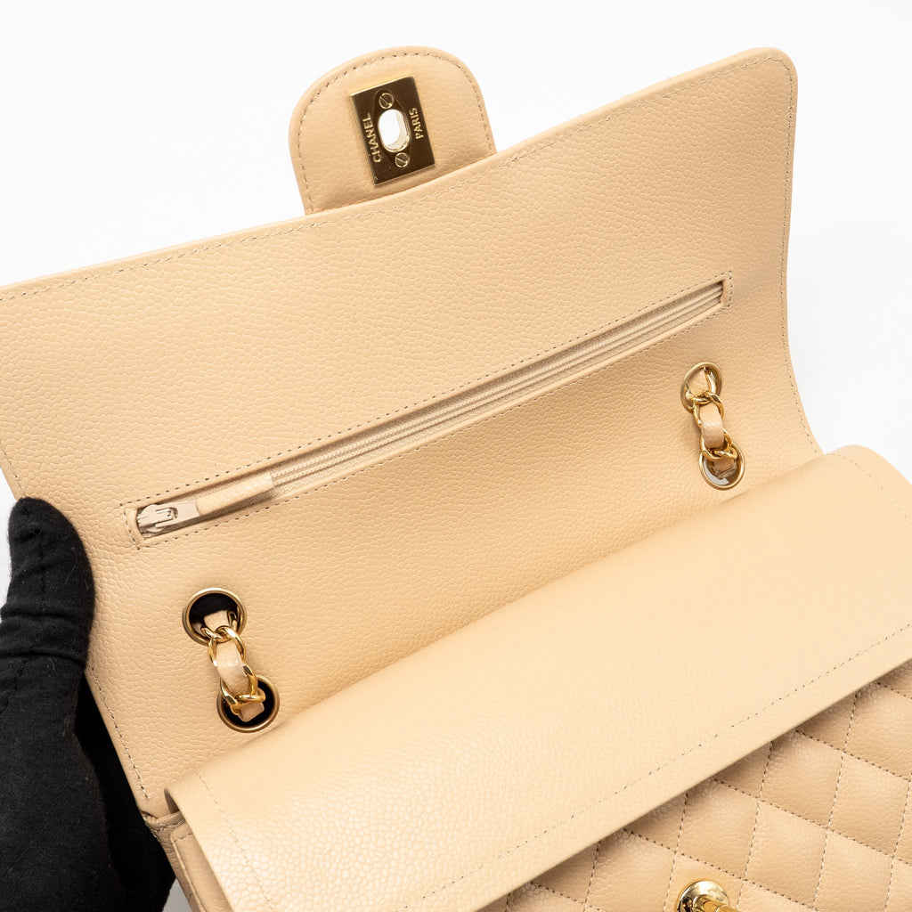 CHANEL MEDIUM CLASSIC DOUBLE FLAP BAG CAVIAR BEIGE LGHW (MICROCHIP)