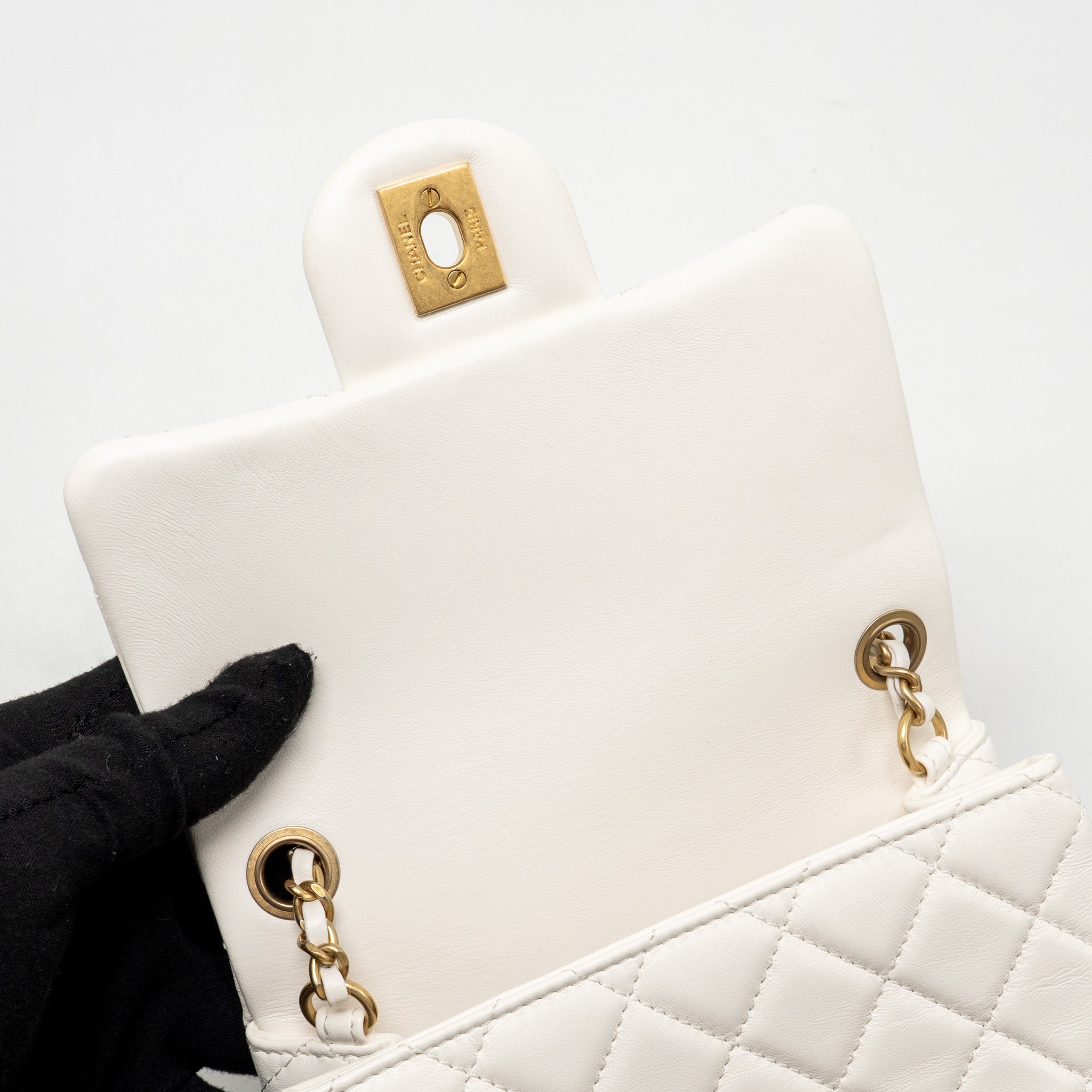 CHANEL PEARL CRUSH MINI SQUARE LAMBSKIN WHITE BRUSHED GHW (MICROCHIP)