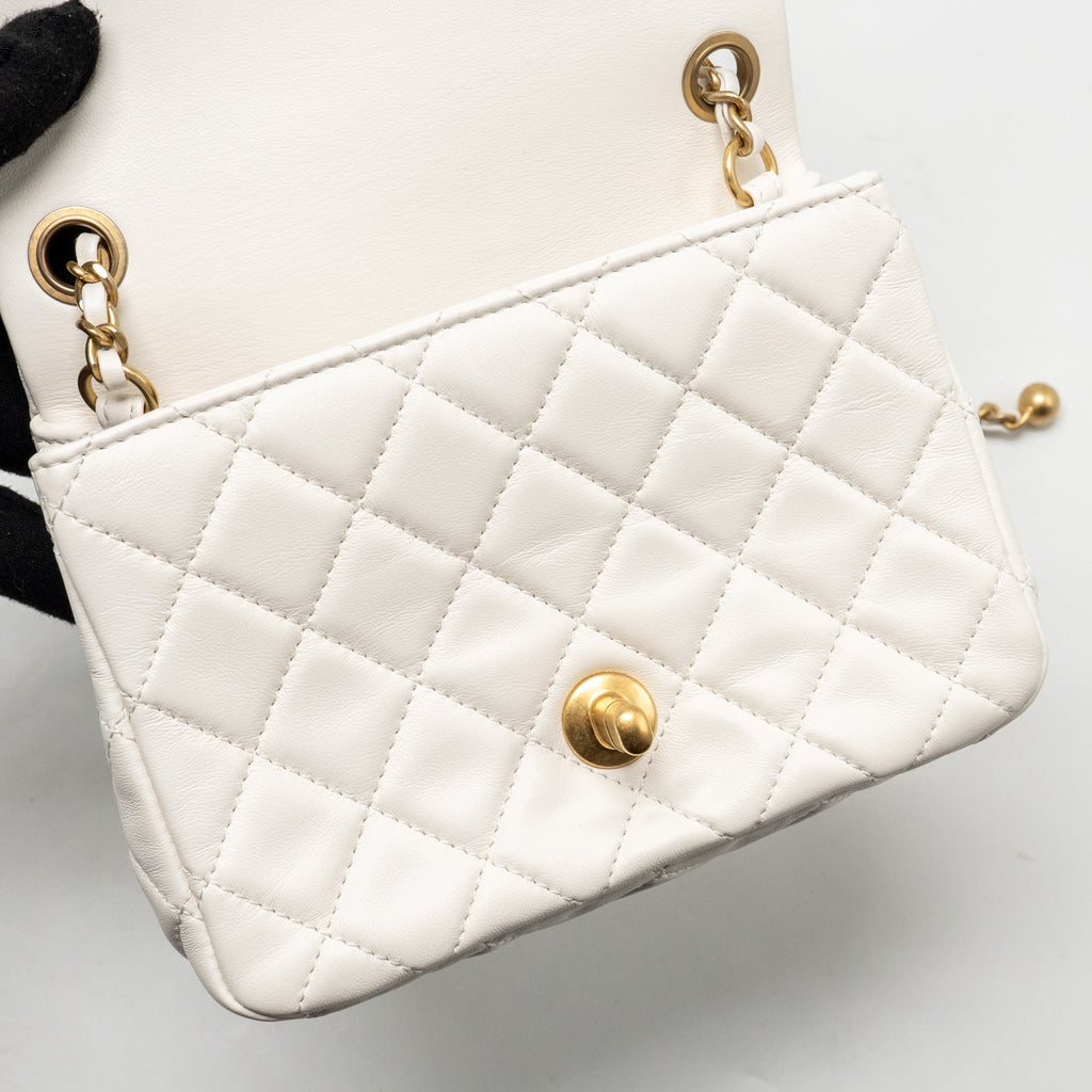 CHANEL PEARL CRUSH MINI SQUARE LAMBSKIN WHITE BRUSHED GHW (MICROCHIP)
