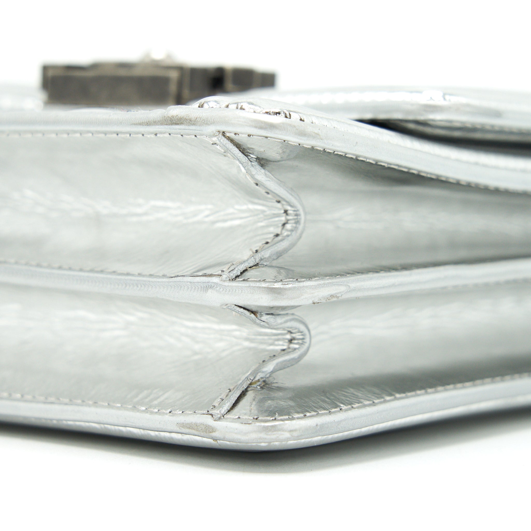 CHANEL VERTICAL METALLIC BOY BAG SILVER RUTHENIUM HARDWARE
