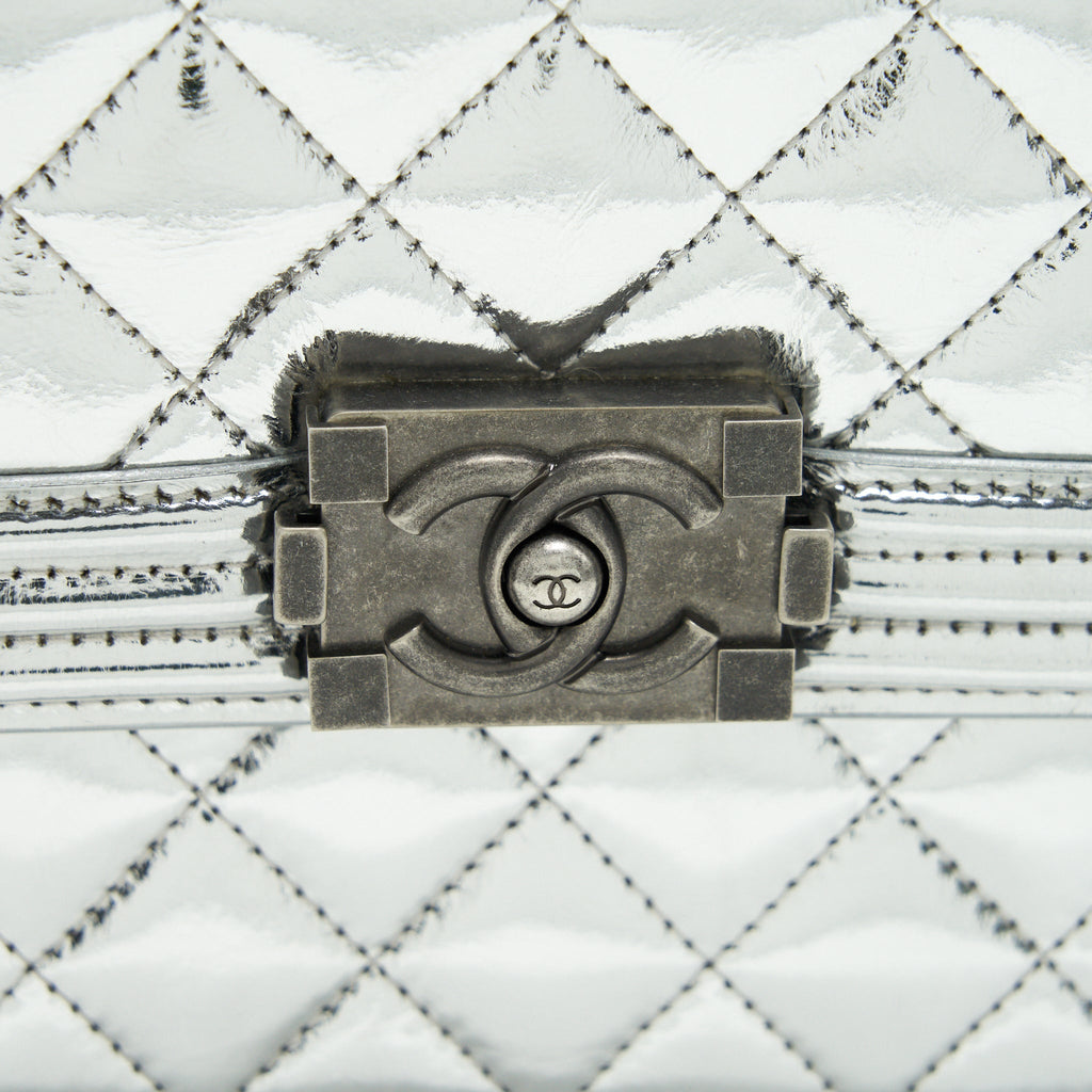 CHANEL VERTICAL METALLIC BOY BAG SILVER RUTHENIUM HARDWARE