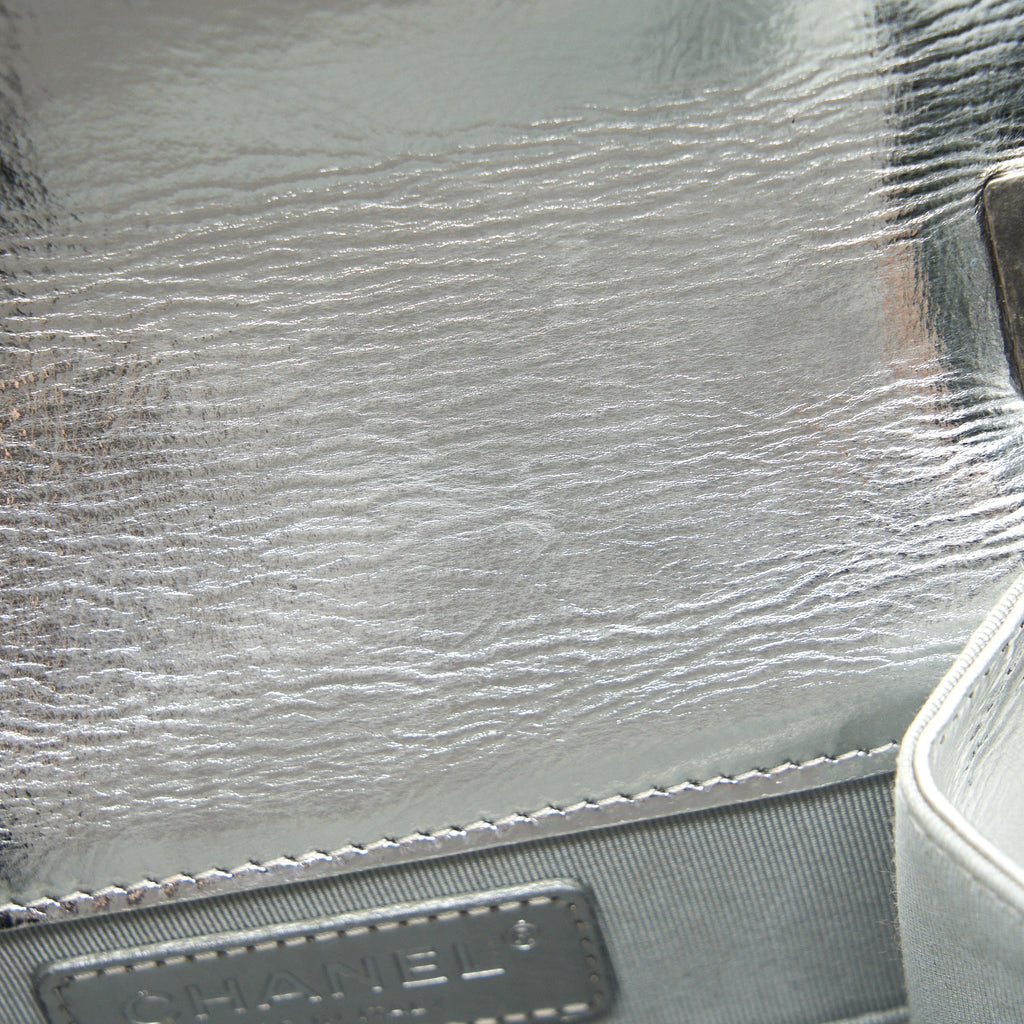 CHANEL VERTICAL METALLIC BOY BAG SILVER RUTHENIUM HARDWARE