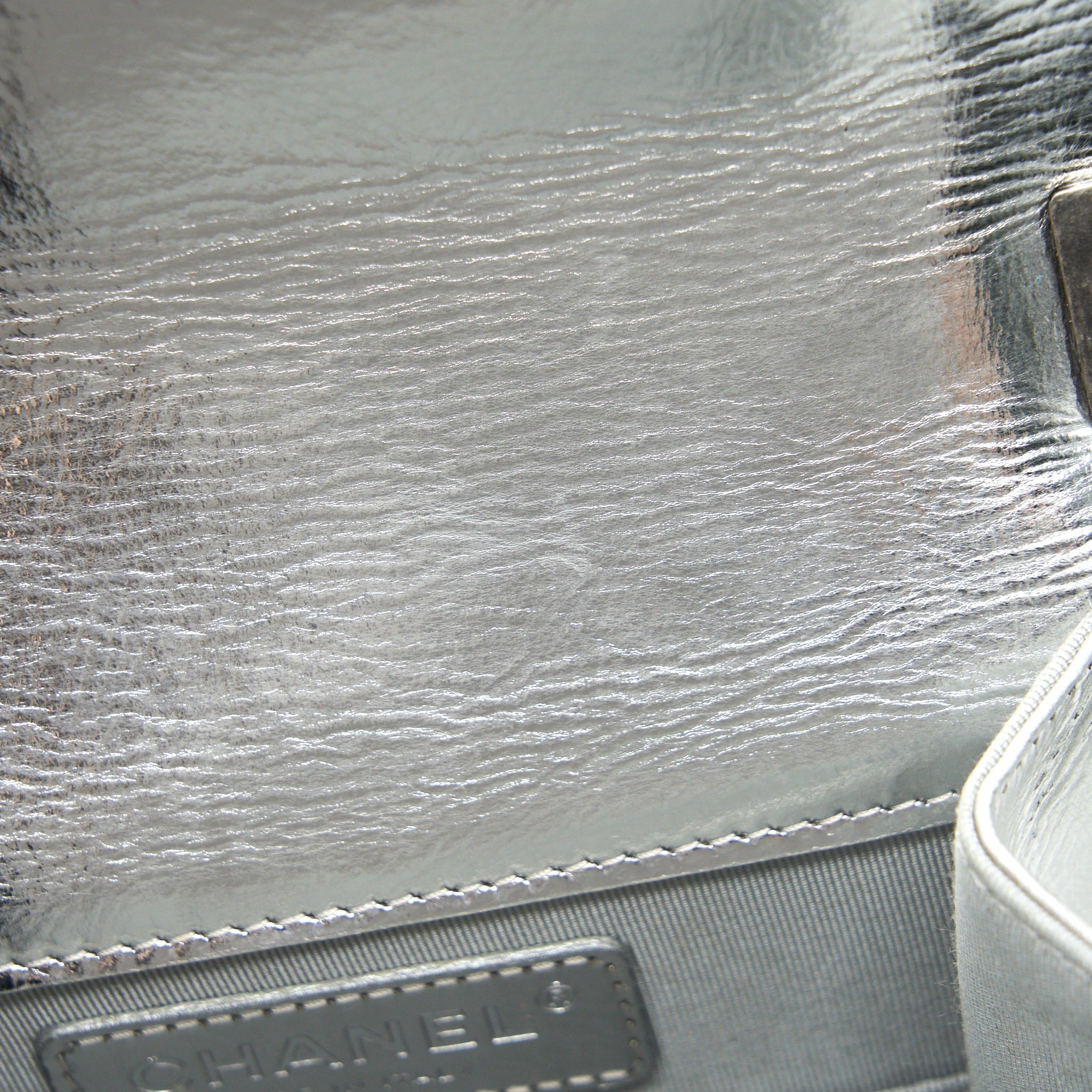 CHANEL VERTICAL METALLIC BOY BAG SILVER RUTHENIUM HARDWARE