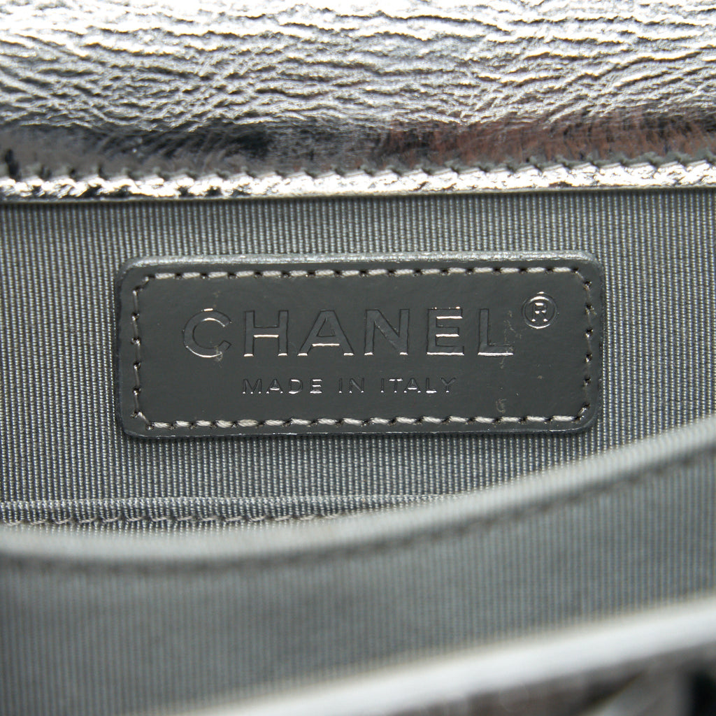 CHANEL VERTICAL METALLIC BOY BAG SILVER RUTHENIUM HARDWARE