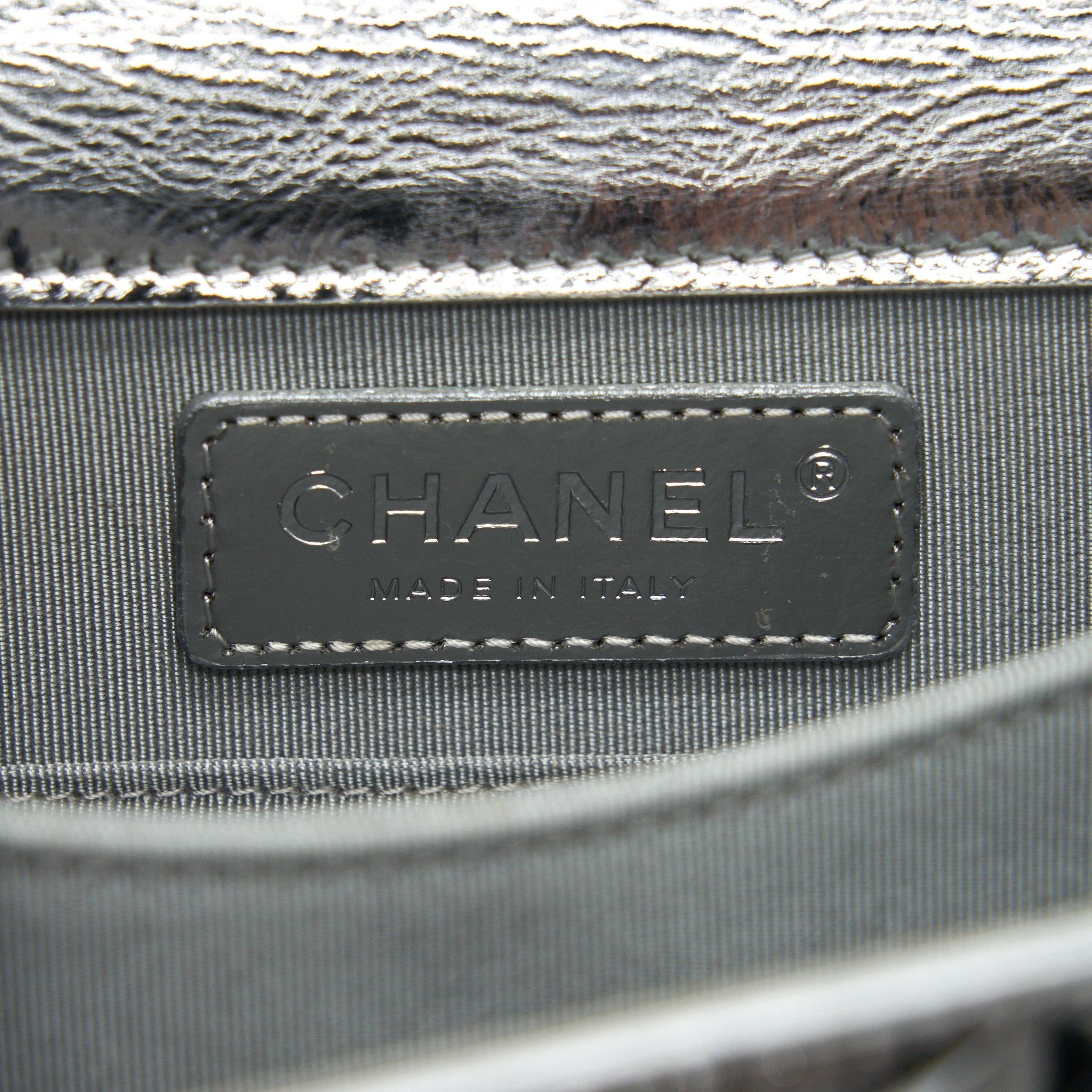 CHANEL VERTICAL METALLIC BOY BAG SILVER RUTHENIUM HARDWARE