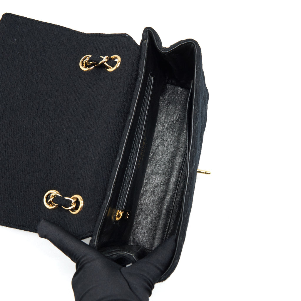 CHANEL VINTAGE SHOULDER BAG FABRIC BLACK GHW WITH AN EXTRA BAG CHARM
