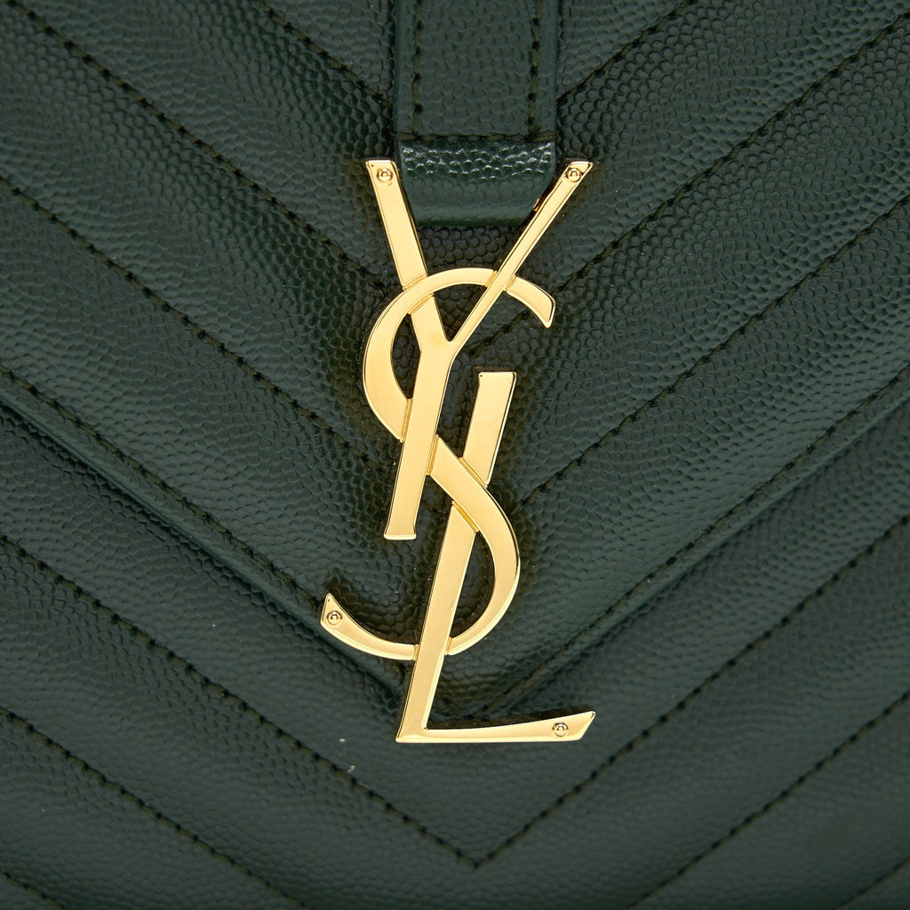 SAINT LAURENT CHEVRON MONOGRAM FLAP BAG DARK GREEN GHW