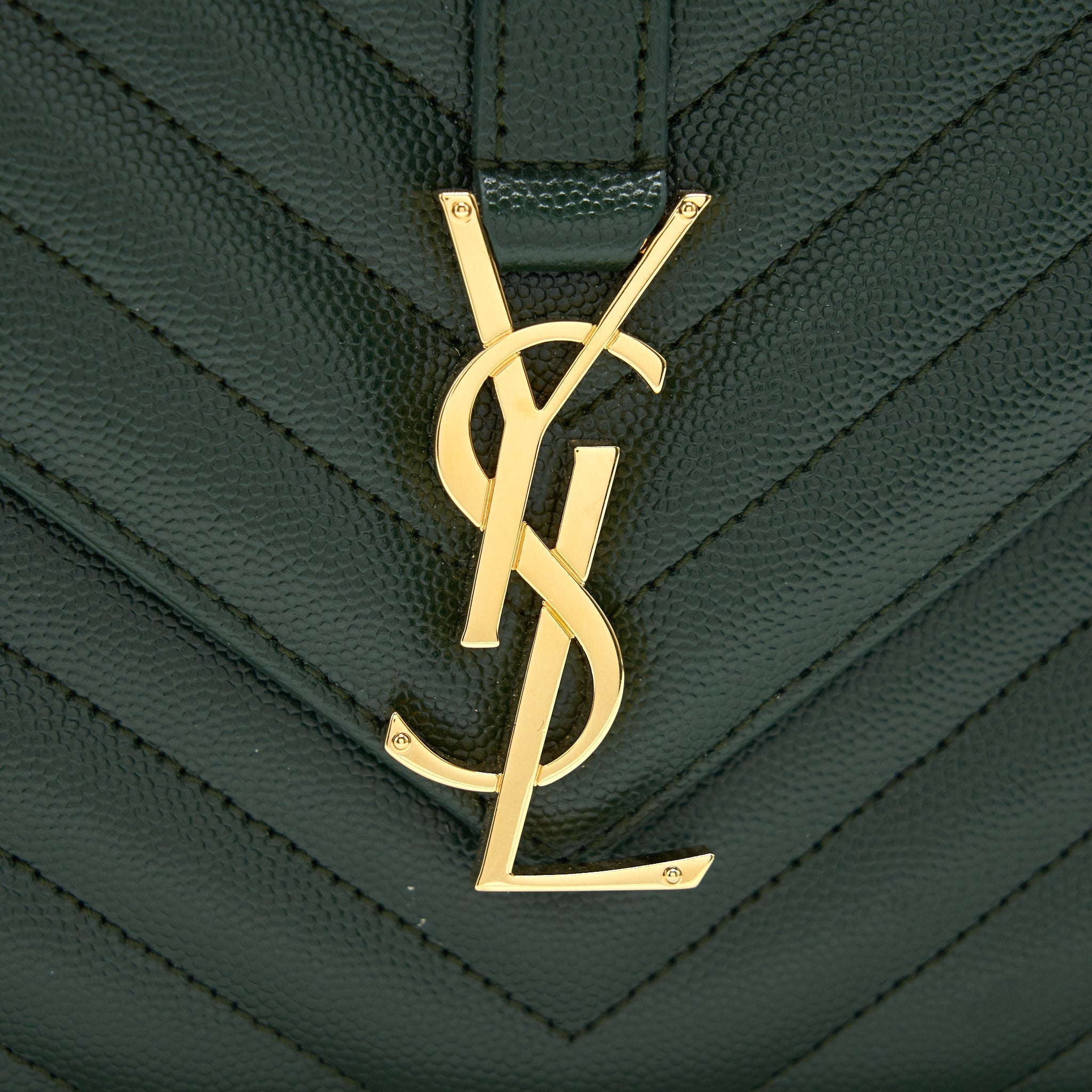 SAINT LAURENT CHEVRON MONOGRAM FLAP BAG DARK GREEN GHW