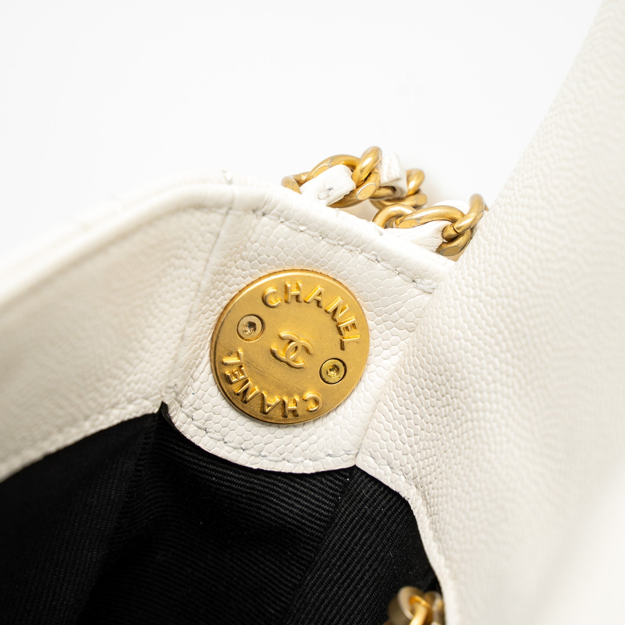 CHANEL 22A SMALL FLAP BAG BUTTON ON CHAIN CAVIAR WHITE BRUSHED GHW (MICROCHIP)
