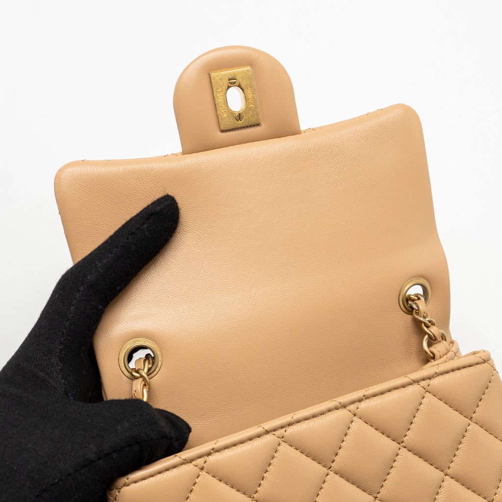 CHANEL PEARL CRUSH MINI SQUARE FLAP BAG LAMBSKIN BEIGE GHW (MICROCHIP)